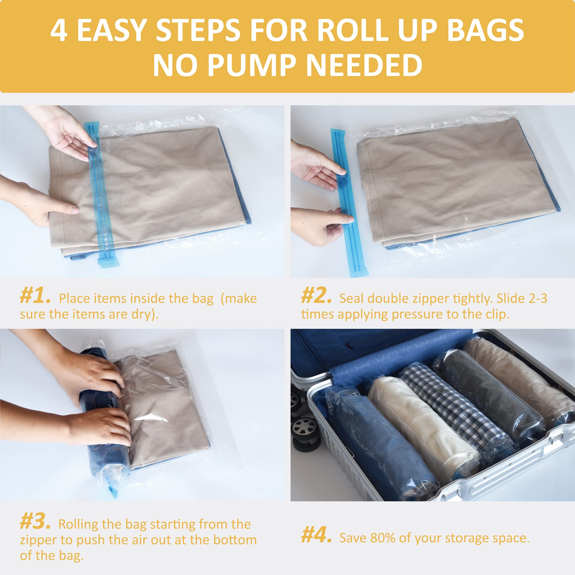 12 Travel Compression Bags Vacuum Packing  Roll Up Space Saver Bags for Luggage  Cruise Ship Essentials (5 Large /5 Medium/2 Small Roll)
