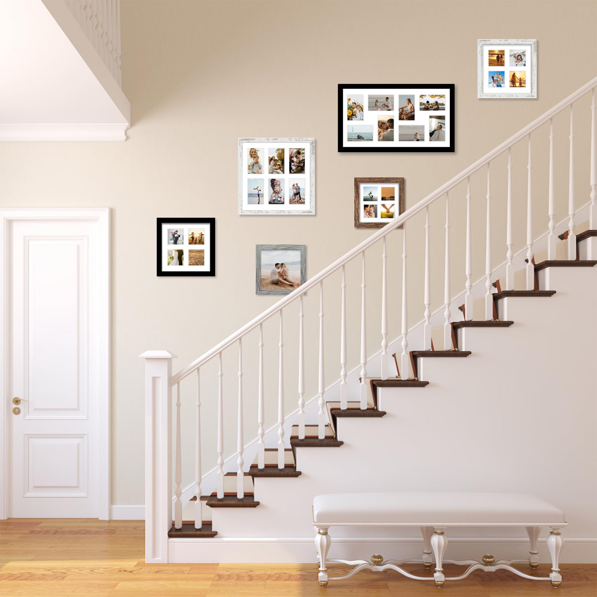 Hongkee 8x8 Picture Frame Set of 2, with Glass and Grey Wood Frames, Display Collage Four Opening 3x3 With Mat or 8 x 8 Without