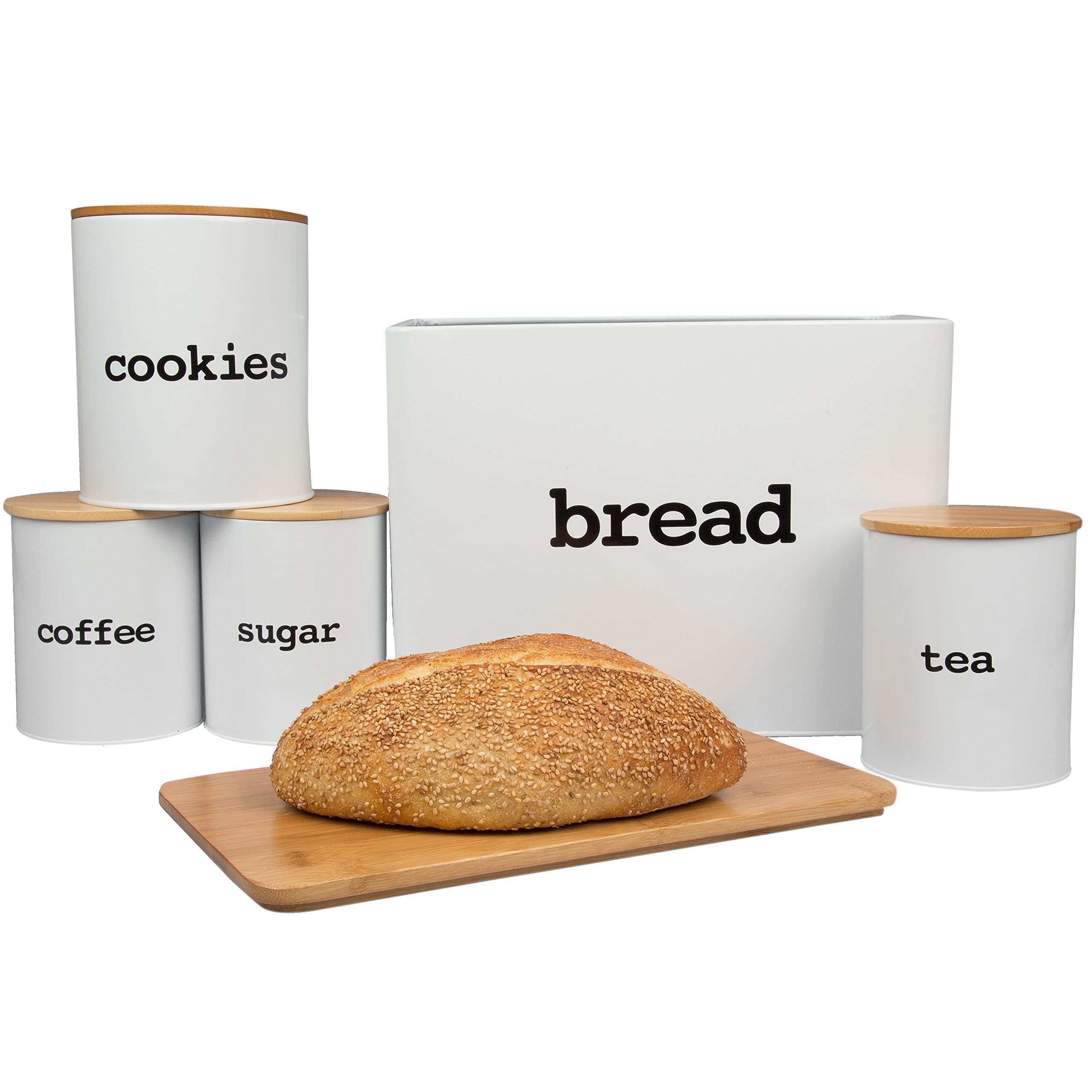Canister Set For The Kitchen (5 Pieces)- White Tin Organizers W Air Tight Lids- Tea Sugar Coffee, Cookie Jar, Breadbox & Bonus B