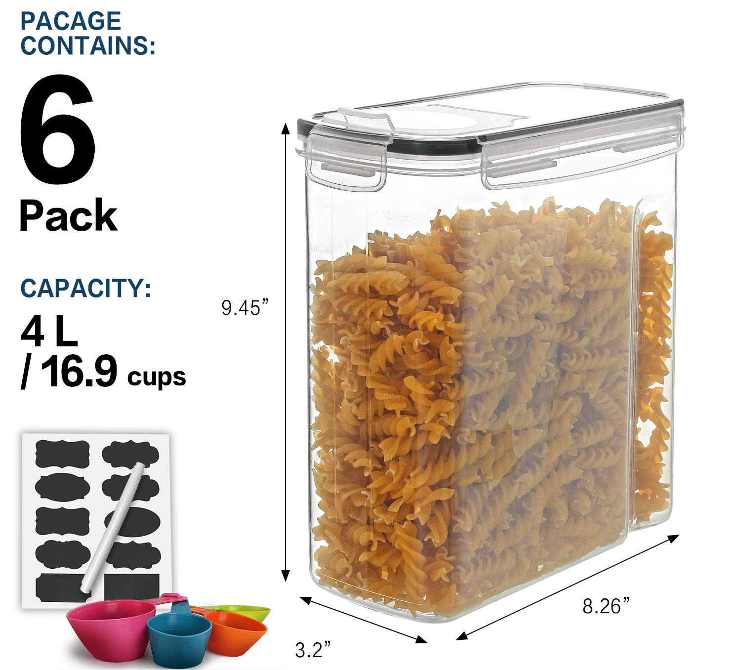 Cereal Container Set  MCIRCO Airtight Food Storage Containers ((4L /135.2oz) Set of 6  BPA Free Cereal Dispensers with Measuring Tools