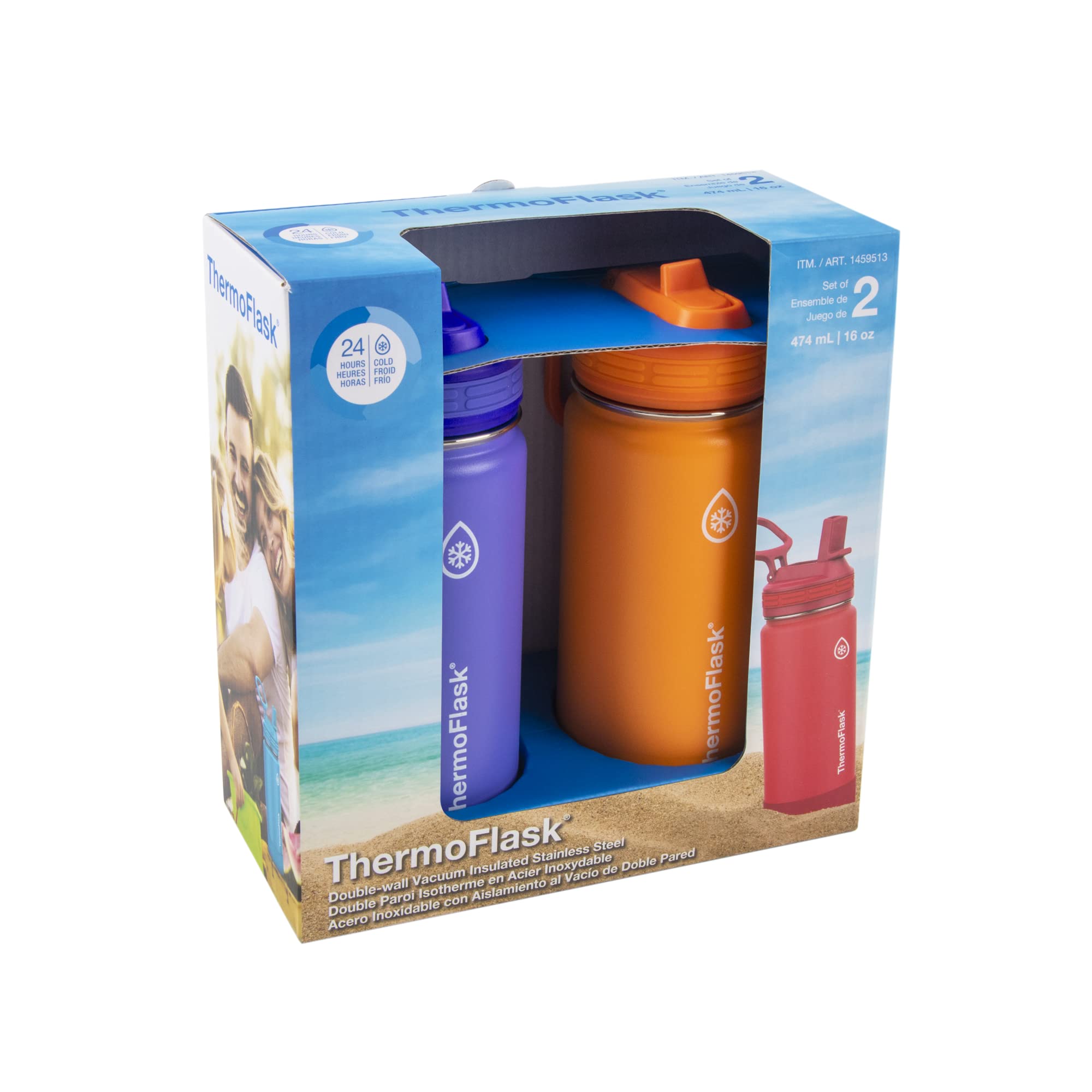 Thermoflask 16 Oz Double Wall Vacuum Insulated Stainless Steel 2-Pack Of Water Bottles, Purple/Orange