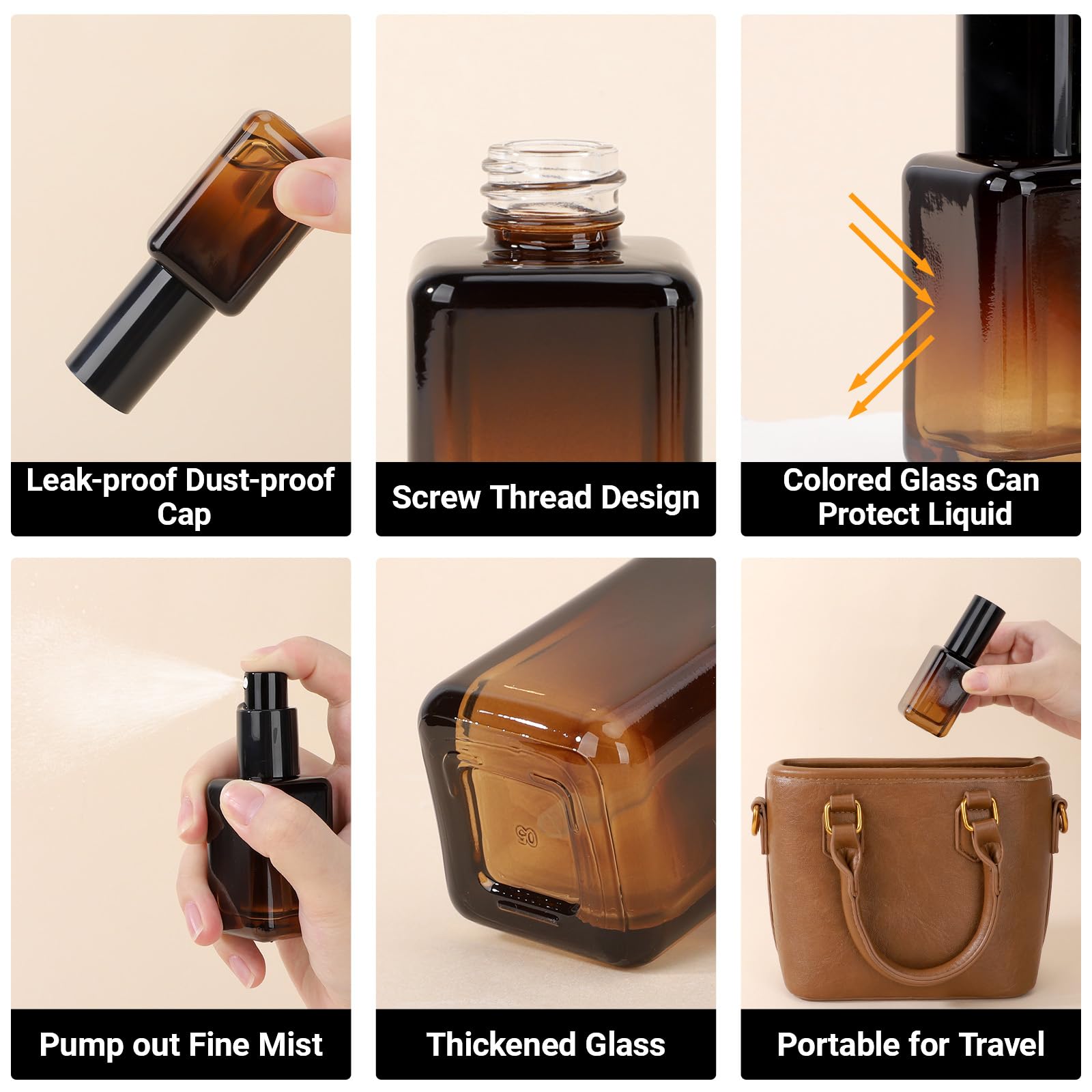 Segbeauty 1.7Oz Amber Glass Spray Bottle Refillable Travel Bottles, 4Pcs Fine Mist Travel Empty Spray Bottle For Hair, 50Ml Atom
