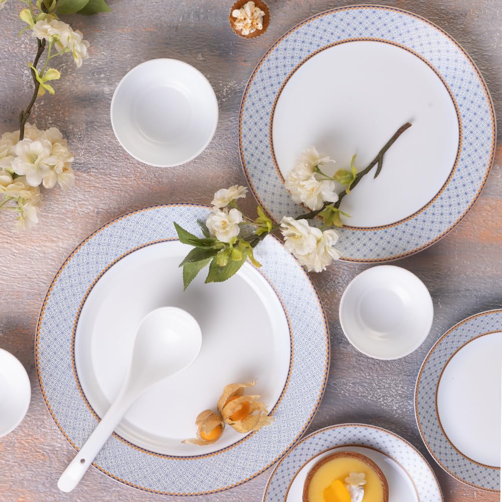 Larah By Borosil Premia Series Kosmia Opalware Dinner Set | 29 Piece For Family Of 6 | Microwave & Dishwasher Safe | BoneAsh Fr