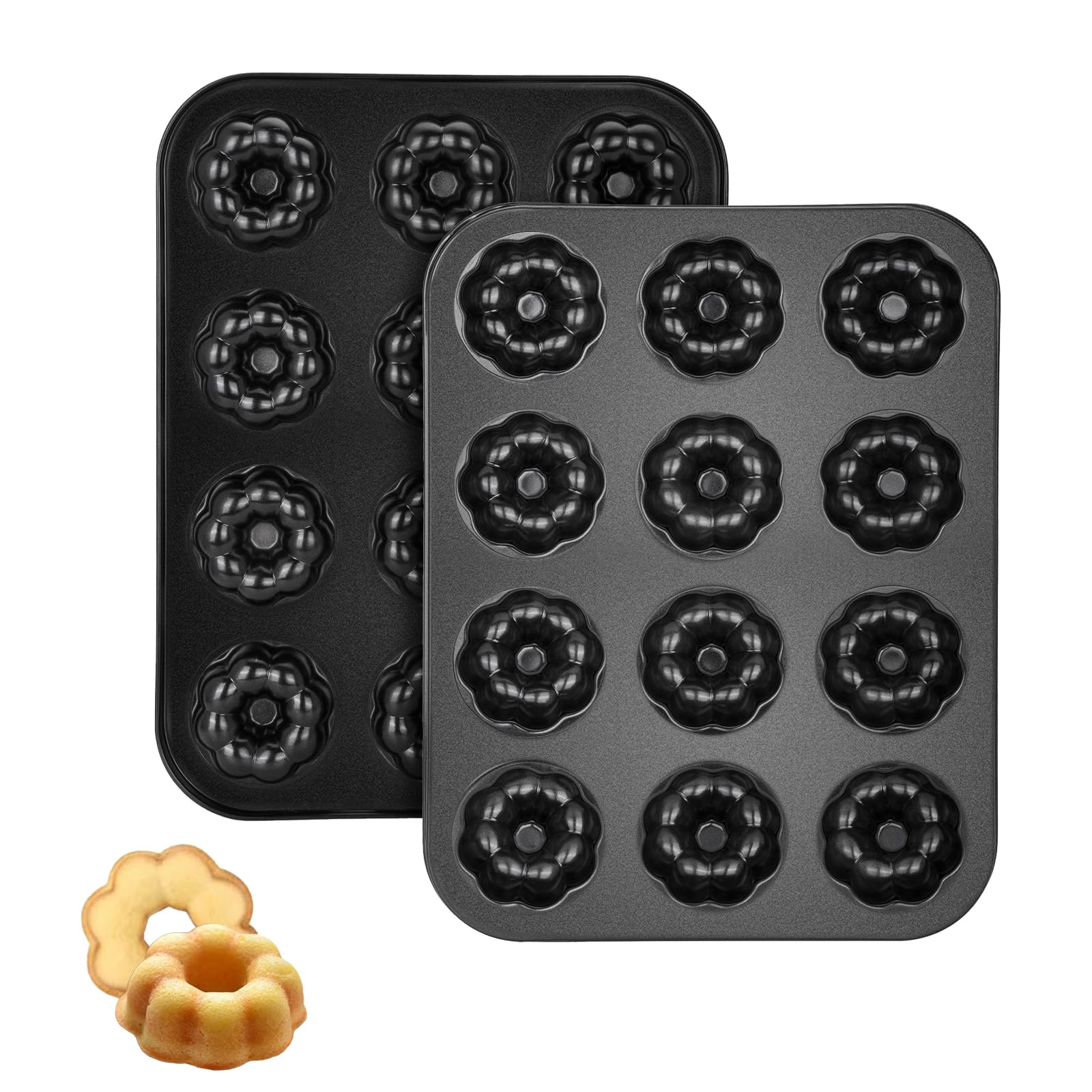 Piszvbej 2 Pack Mini Cake Pan, 12 Cavity Mini Fluted Tube Cake Pans, NonStick Black Carbon Steel Baking Pan, Easy Release Bakew