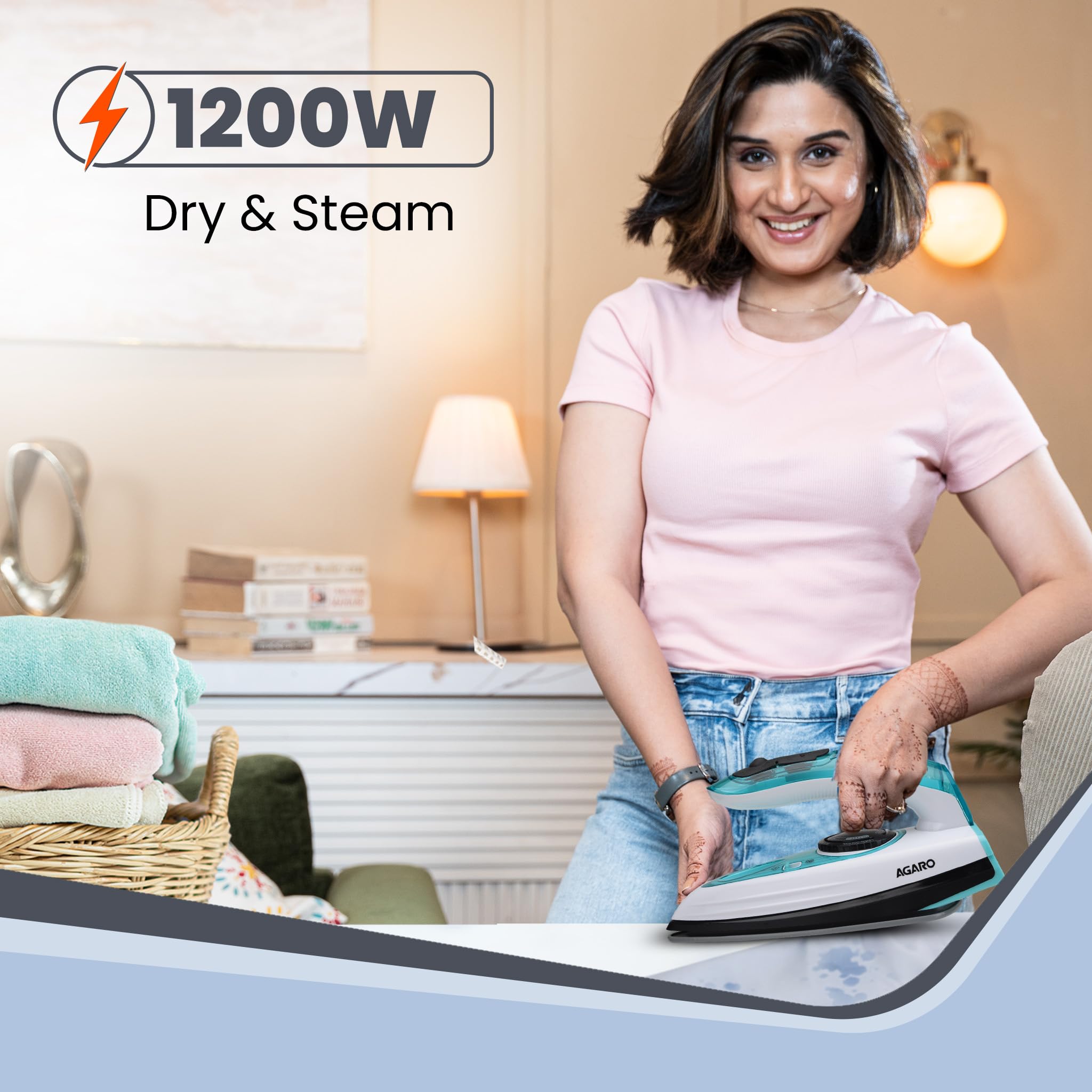 AGARO Primo Travel Steam Iron, 1200W, Compact, Ceramic Coated Sole plate, Cotton, Wool, Poly, Silk, Linen, Nylon, Multi-Fabric I