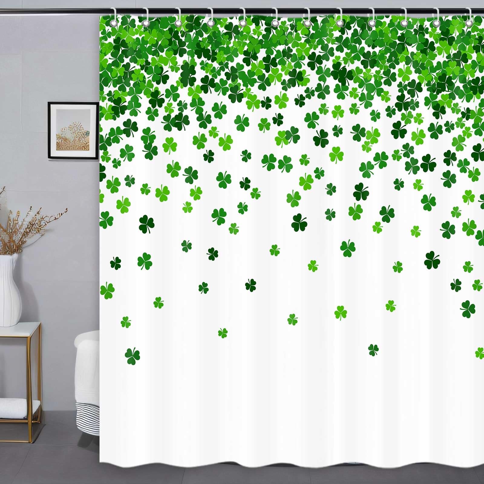 Icteisom St. Patrick'S Day Shower Curtain, Green Clover Shamrock Leaf Decor Fabric Shower Curtains, Irish Green White Bathroom S