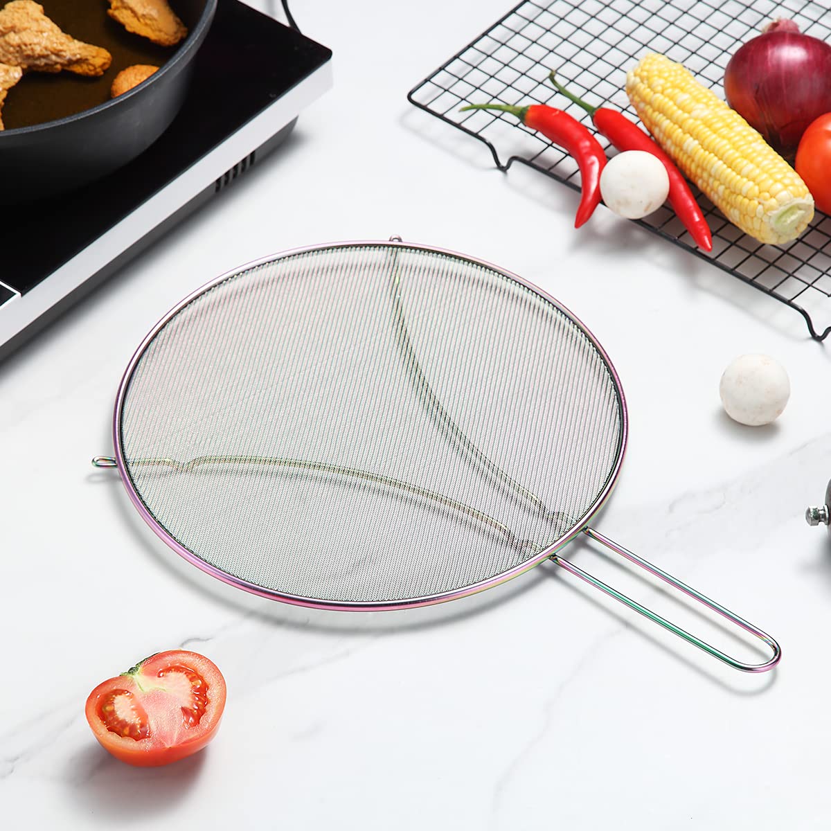 Evanda 12'' Rainbow Splatter Screen For Cooking, Stainless Steel Fine Mesh For Frying Pan, Grease Guard For Pan To Stop Hot Oil