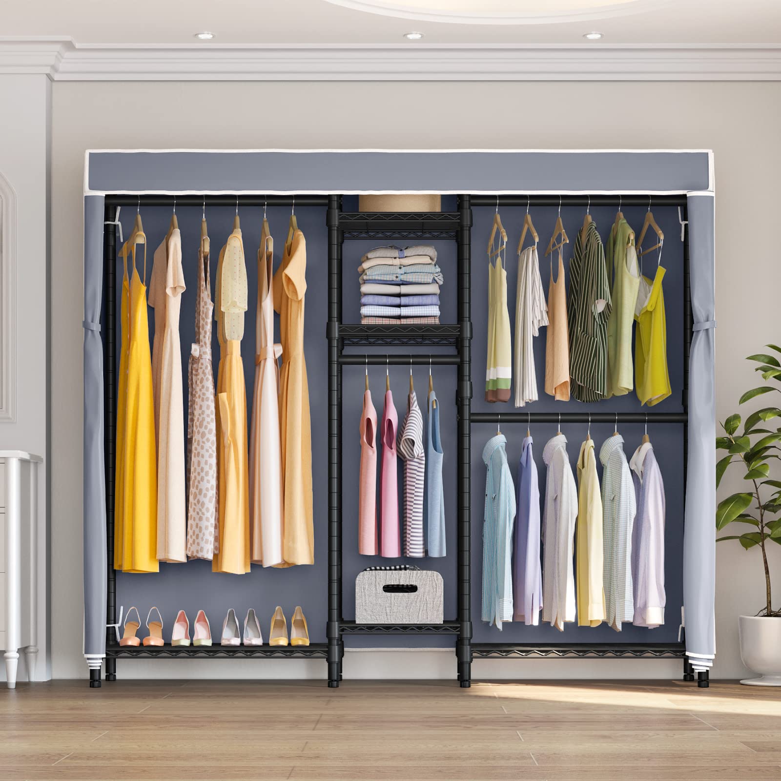 Vipek V6C Heavy Duty Covered Clothes Rack Portable Wardrobe Closet, 5 Tiers Wire Garment Rack Black Metal Clothing Rack With Gre