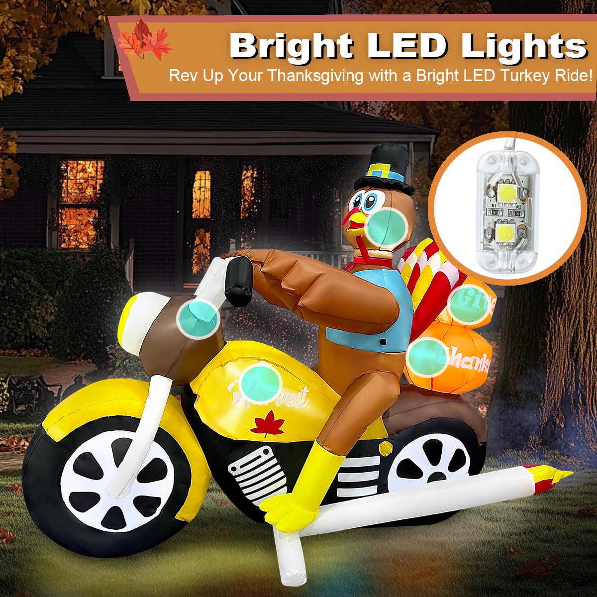 7FT Length Thanksgiving Inflatable Turkey Riding Motorcycle Decorations LED Lighted Blow Up Decoration Decor Home Yard Outdoor I