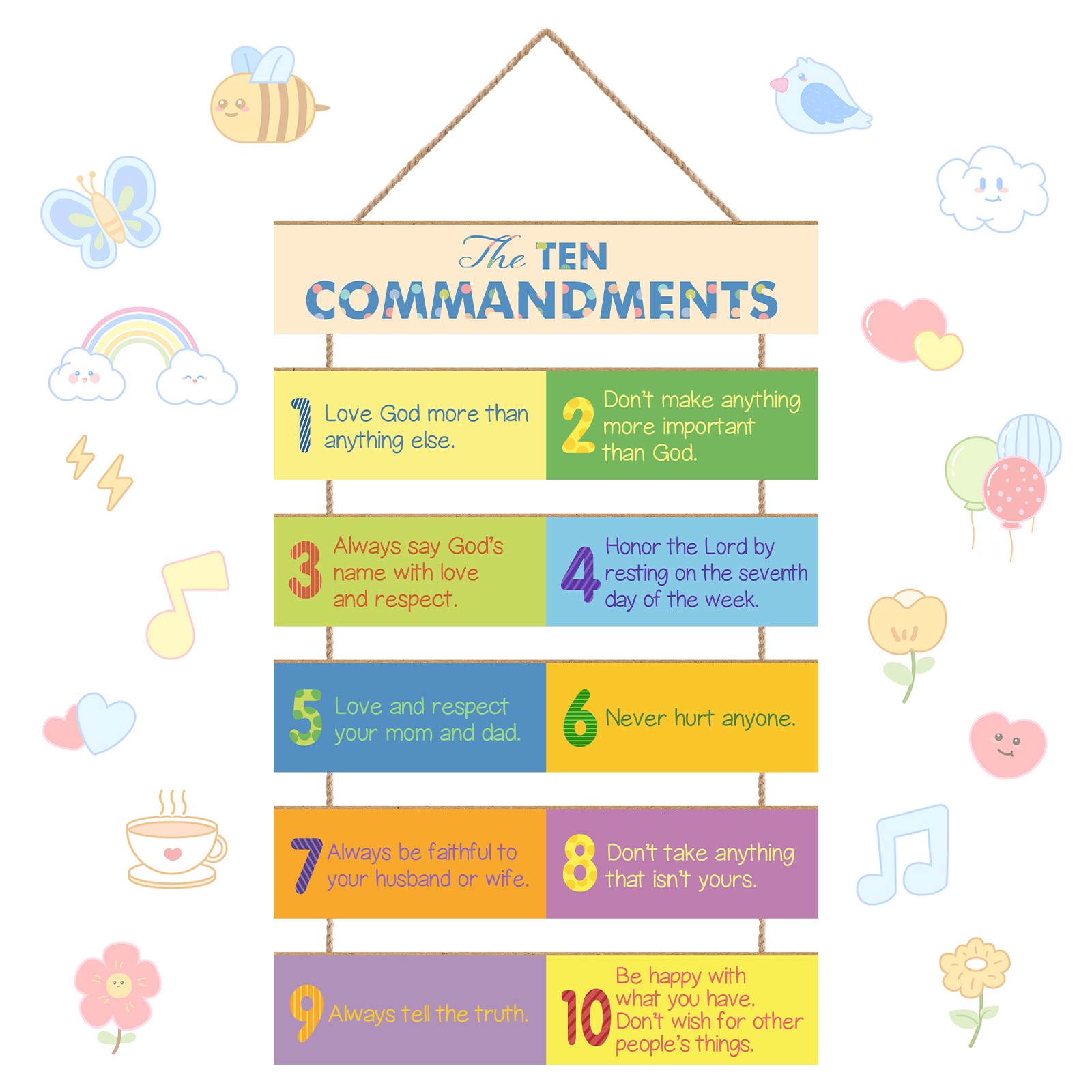 The Ten Commandments Christian Home Wall Decor Art, Wooden Hanging Frontal Guiding Plaque Door Hanging for School, Kindergarten,