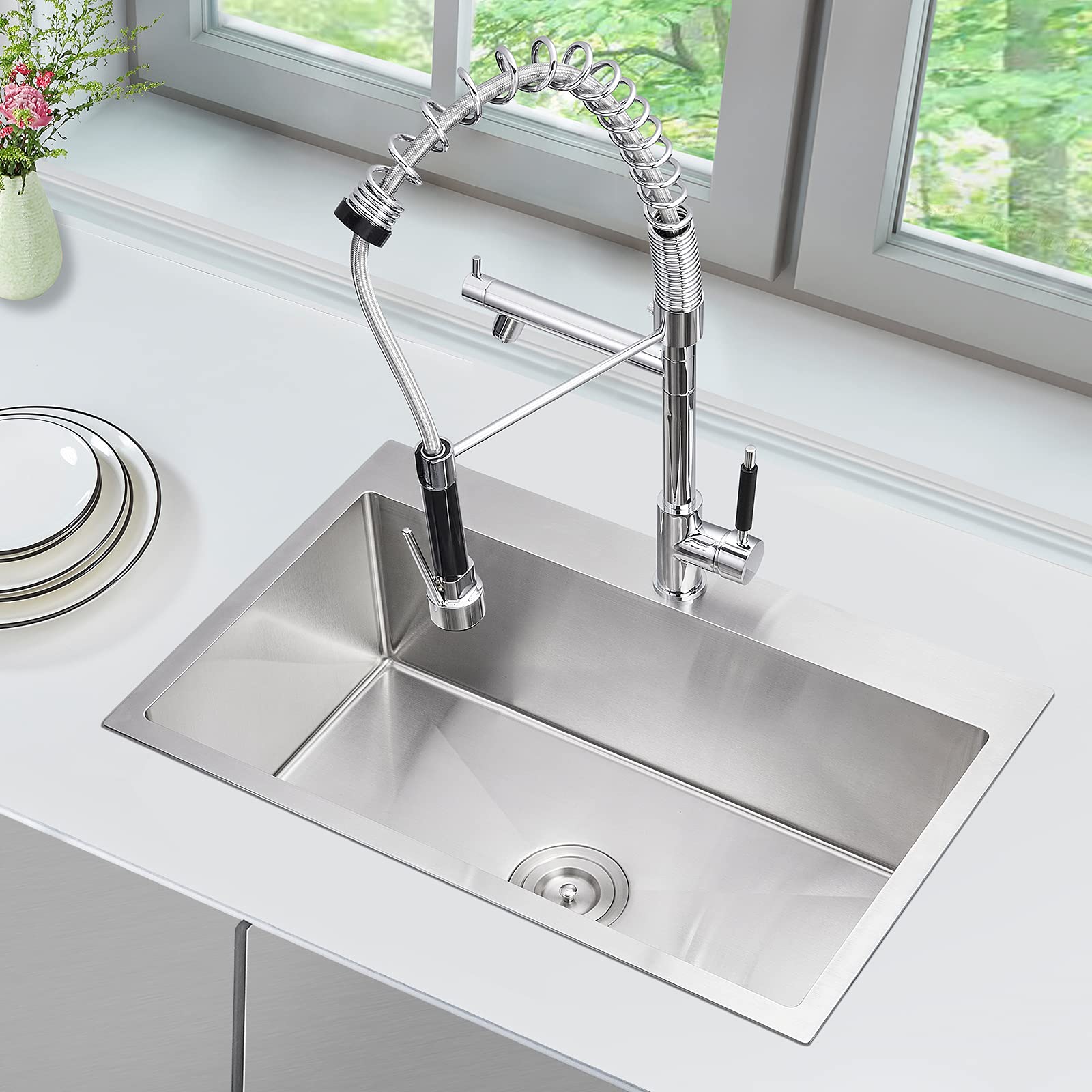 MENATT 28 Inch Drop-in Kitchen Sink  304 Stainless Steel Topmount Handmade Kitchen Sink  Single Bowl Workstation Sink with Drain Kit (Brushed)  28''x18''x9''
