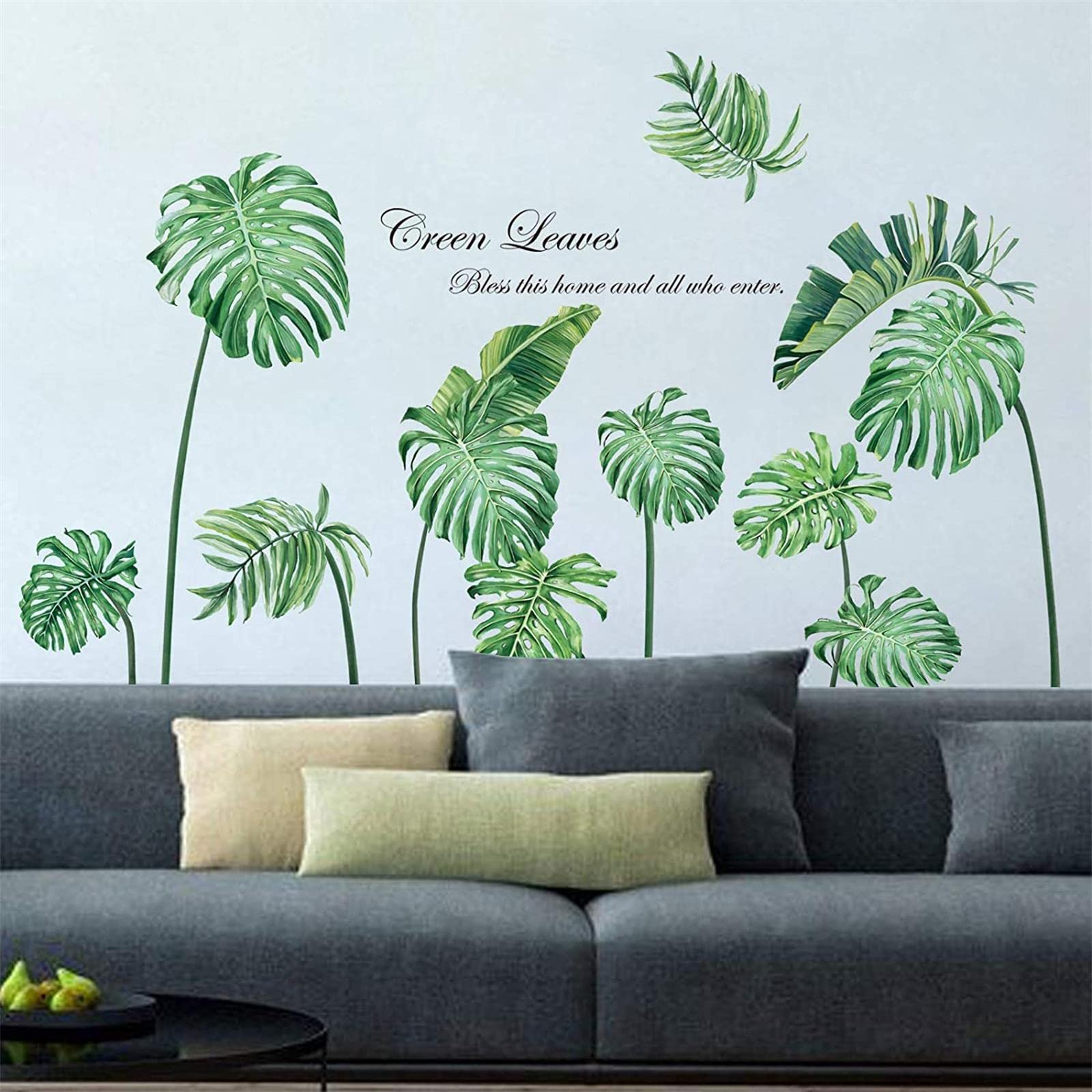 Decalmile Green Tropical Leaves Wall Decals Palm Tree Leaf Plants Wall Stickers Bedroom Living Room Sofa Tv Background Wall Art
