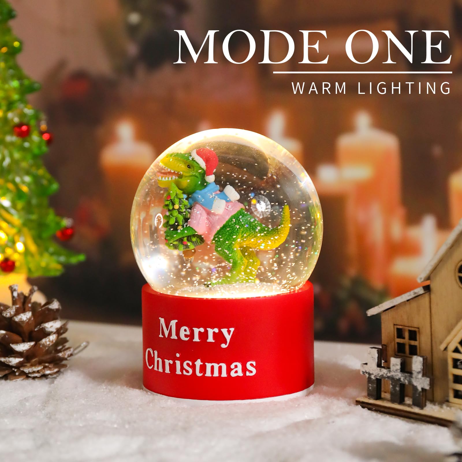 Bdor Christmas Dinosaur Snow Globe with LED Light & Music - 3.94 x 3.94 x 5.31 | 2 Modes: Color Changing Lights with 8 Christmas