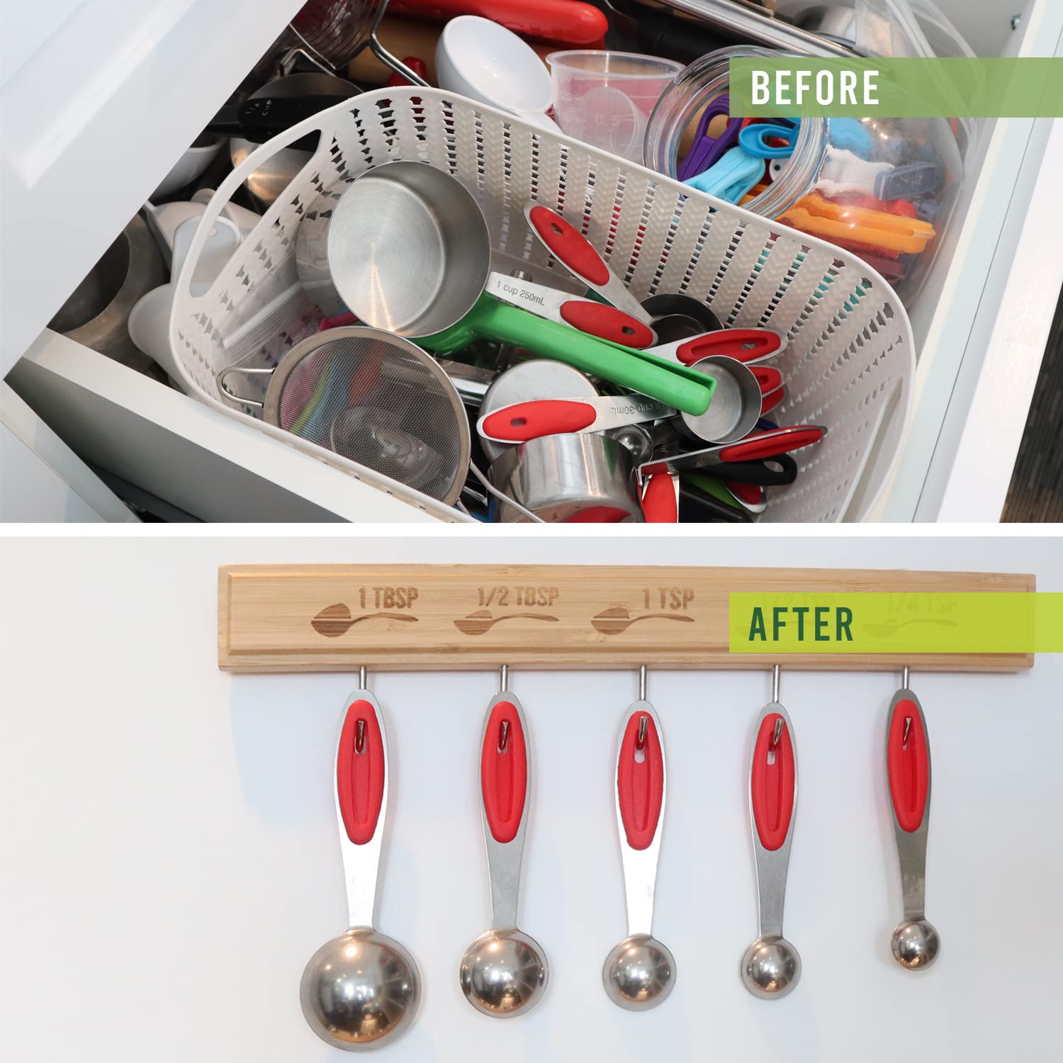 Zeezeeg Premium Bamboo Measuring Cups And Spoons Hanging Rack Set Of 2. With Adhesive For Easy Install. Laser Engraved Labels. L