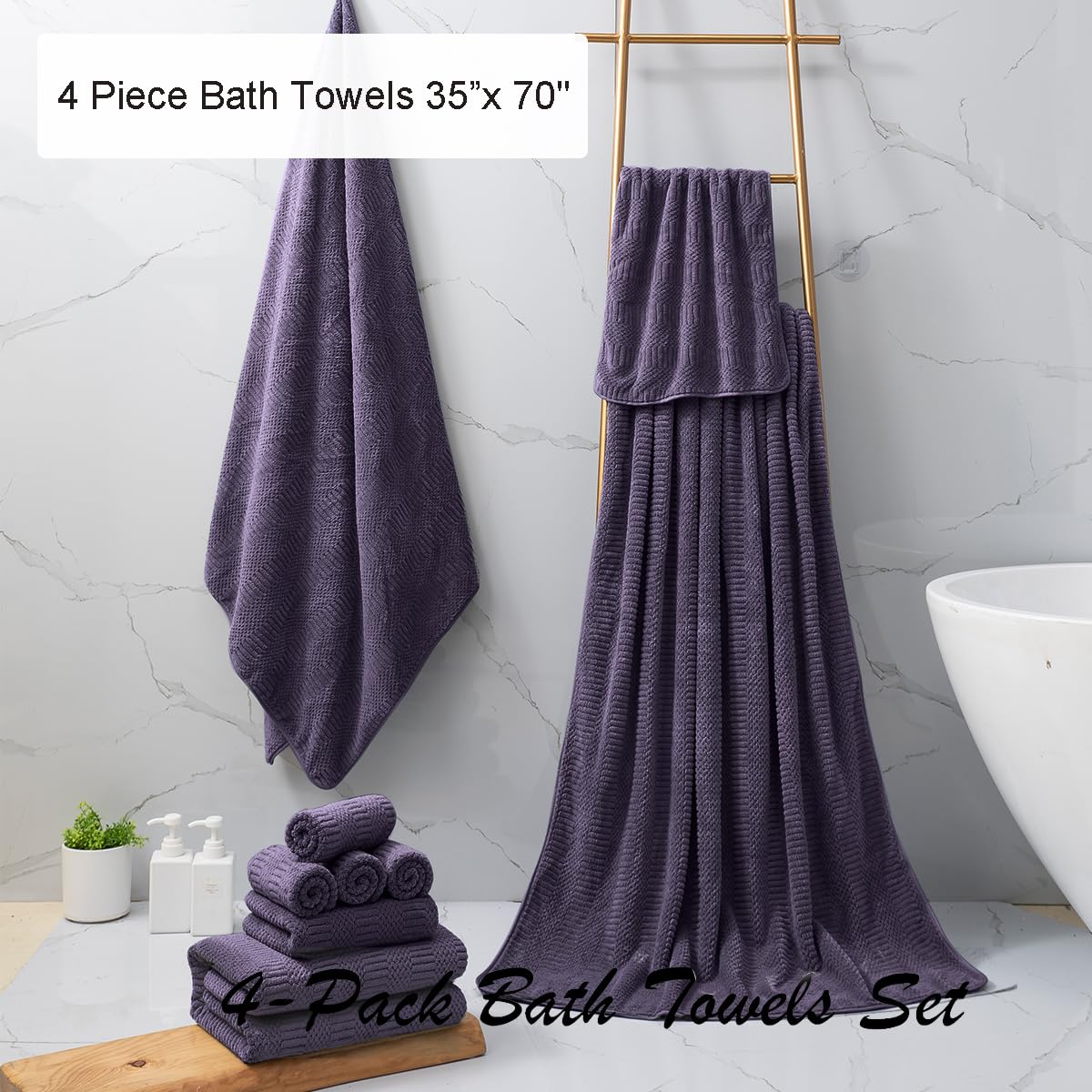4 Piece Large Bath Towel Set 35''x70'' Purple Extra Large Bath Sheets Oversized Jumbo Towels 600GSM Soft Highly Absorbent Quick Dry Beach Chair Towels Woven Towels for Bathroom Hotel and Spa