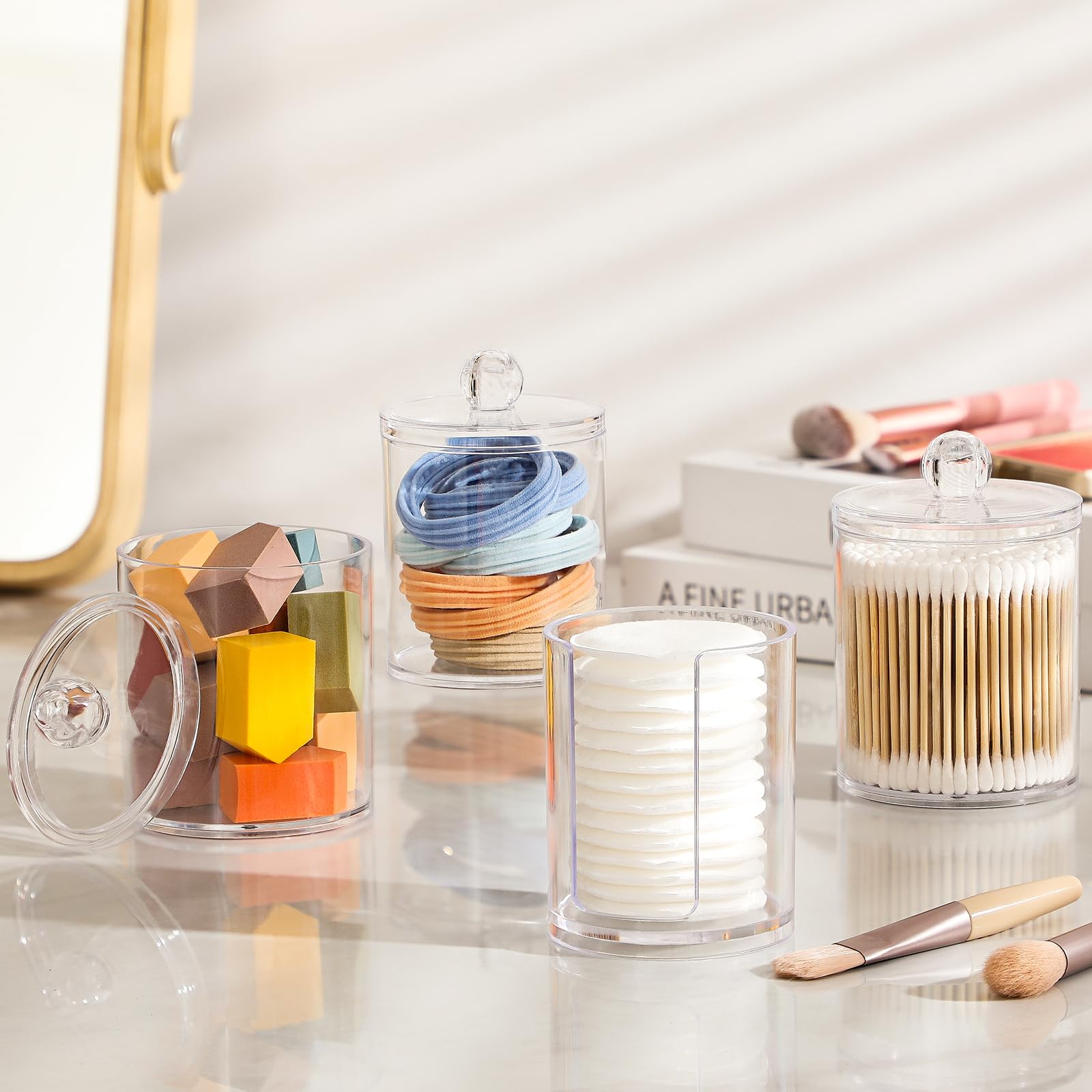 AOZITA 4 Pcs  10 OZ Qtip Holder Dispenser for Cotton Ball  Cotton Swab  Cotton Round Pads  Floss - Clear Plastic Apothecary Jar Set for Bathroom Canister Storage Organization  Vanity Makeup Organizer