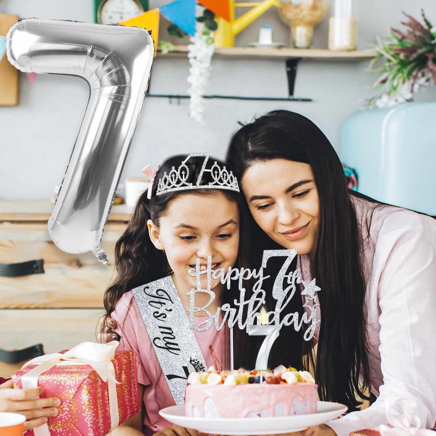 7th Birthday Decorations for Girls Silver with 7th Birthday Sash and Tiara, Cake Topper and Candle, Silver Number Balloon, 7 Yea