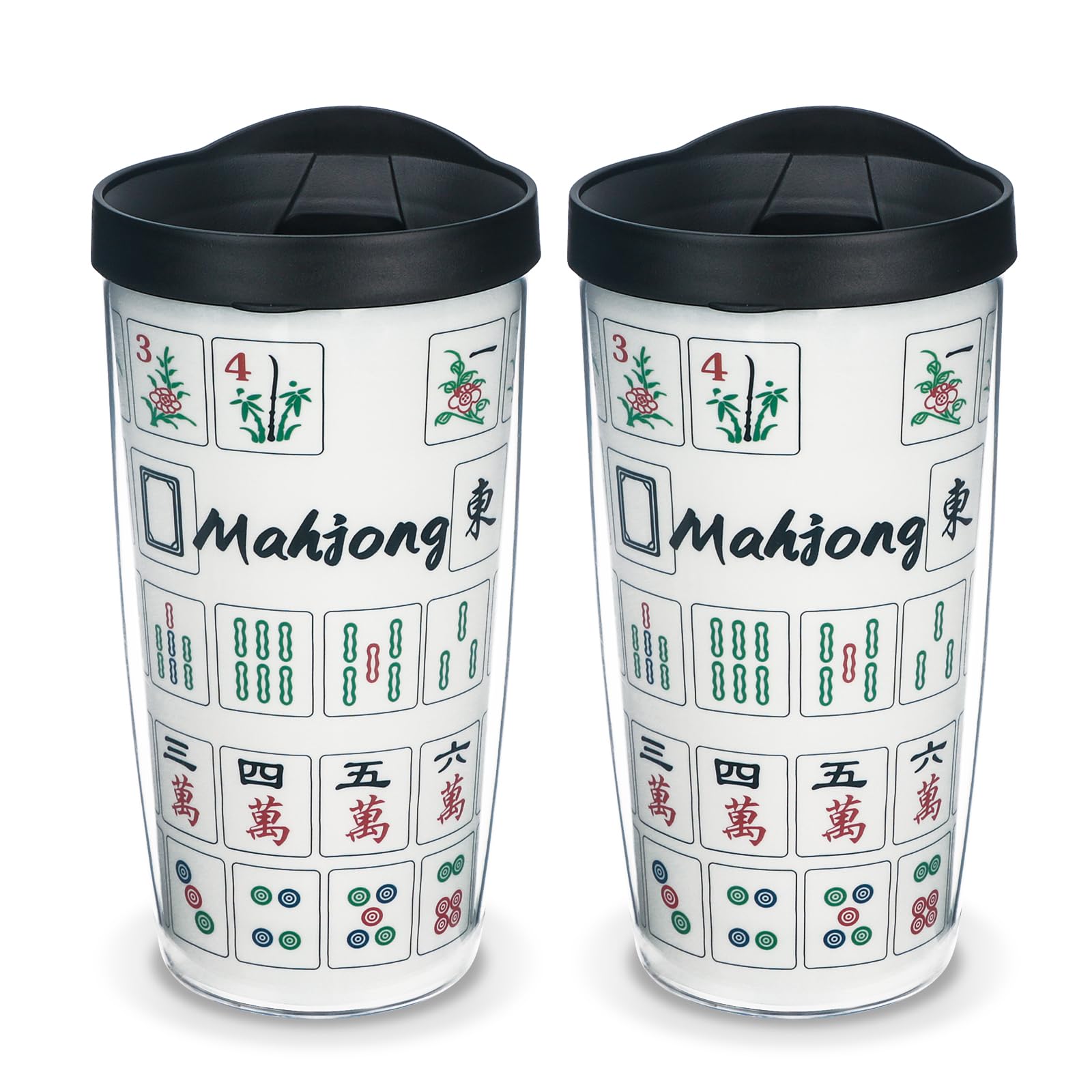 Egoldto Mah jongg Game 2 Pack Travel Mug Double Wall Insulated Tumbler, 16oz Reusable Plastic Cup with Lid Keeps Drinking Cold &