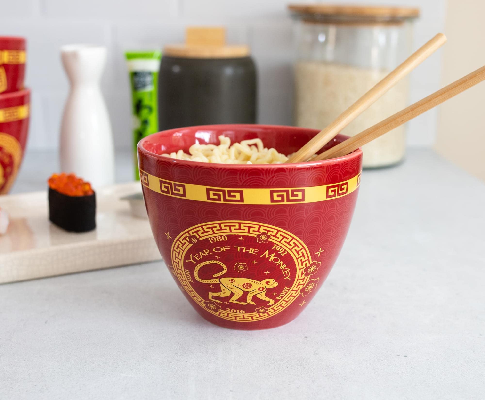 Boom Trendz Year Of The Monkey Chinese Zodiac Ceramic Dinnerware Set | Includes 16-Ounce Ramen Noodle Bowl And Wooden Chopsticks