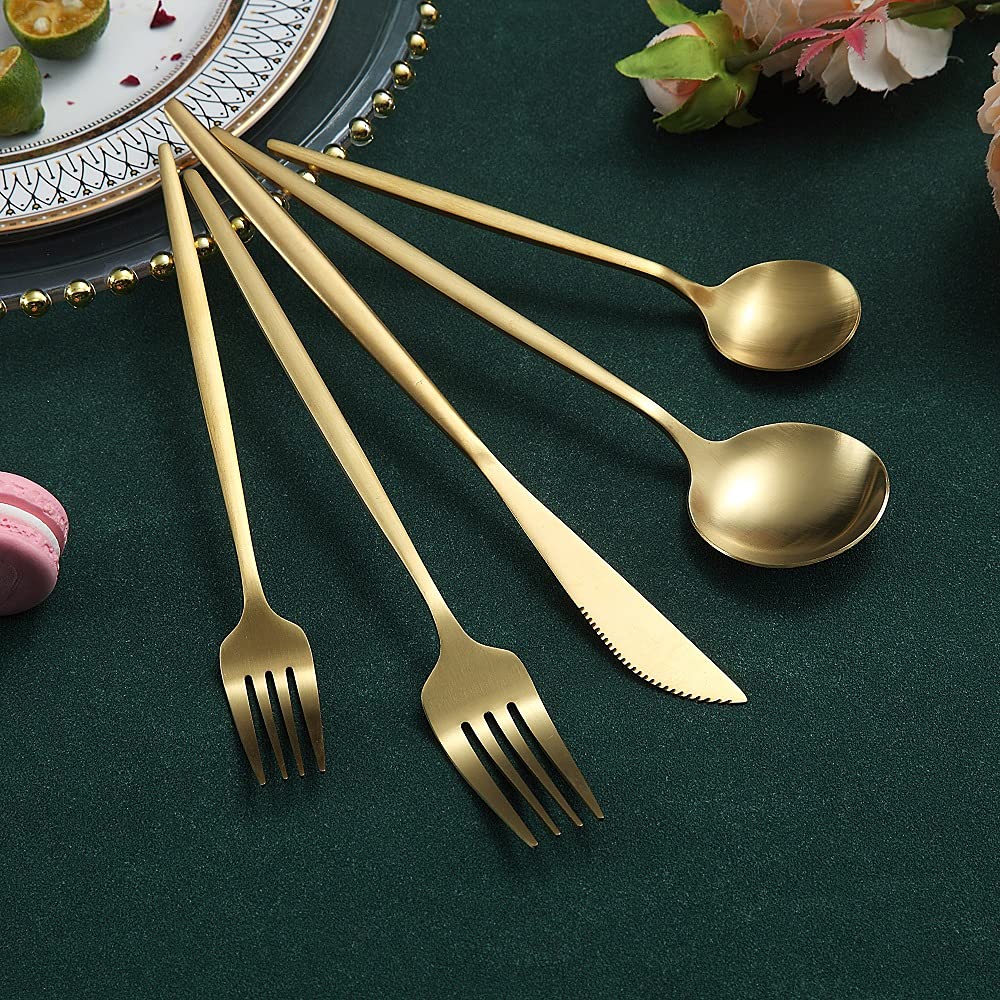 Matte Gold Silverware Set 40 Pieces, Stainless Steel Golden Flatware Set, Titanium Plating Cutlery Set, Matte Gold Utensil Sets,
