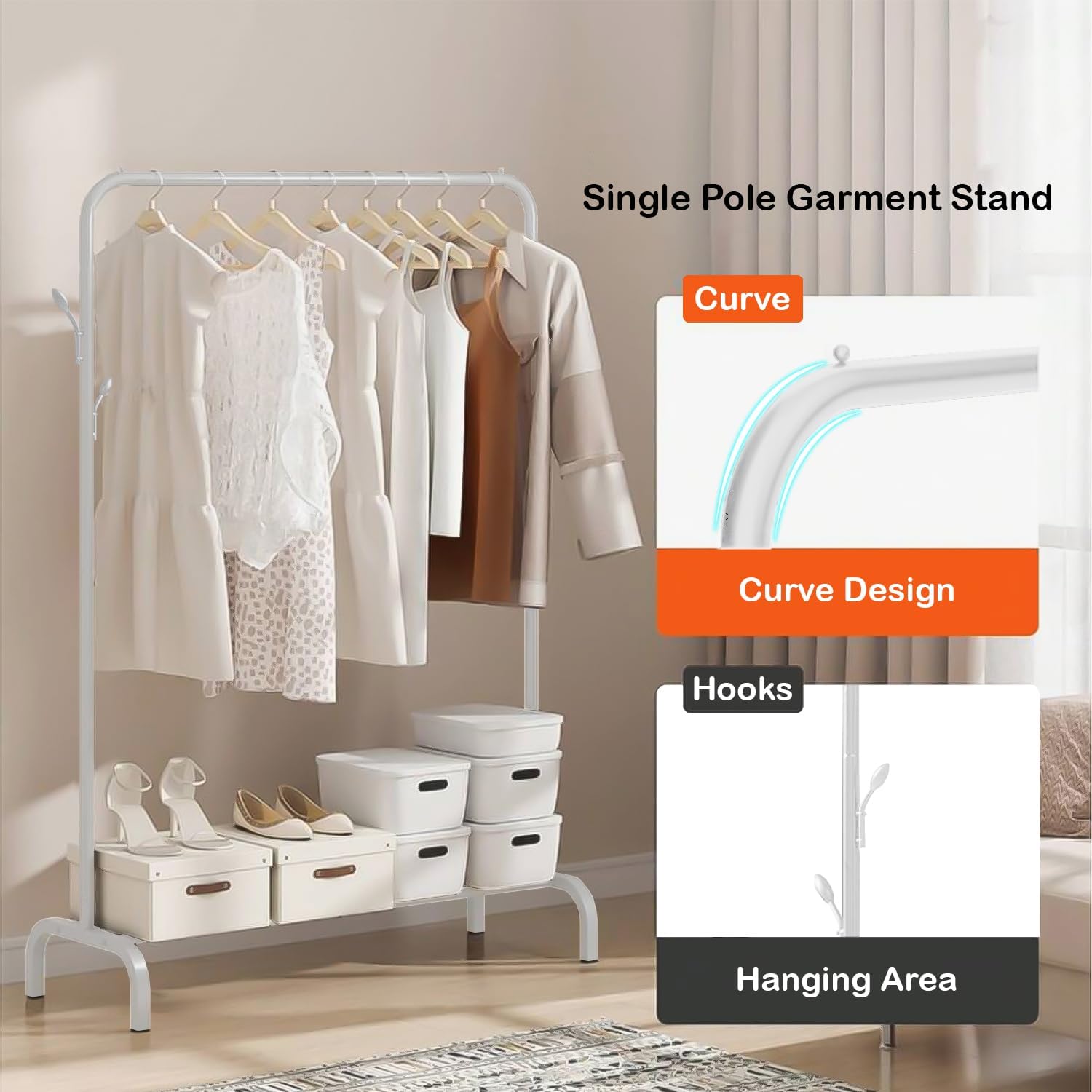 Lukzer Single Pole Coat Hanger/Cloth Stand/Garment Stand With Bottom Shelves - Metal Garment Rack For Organized Storage 4 Hook (