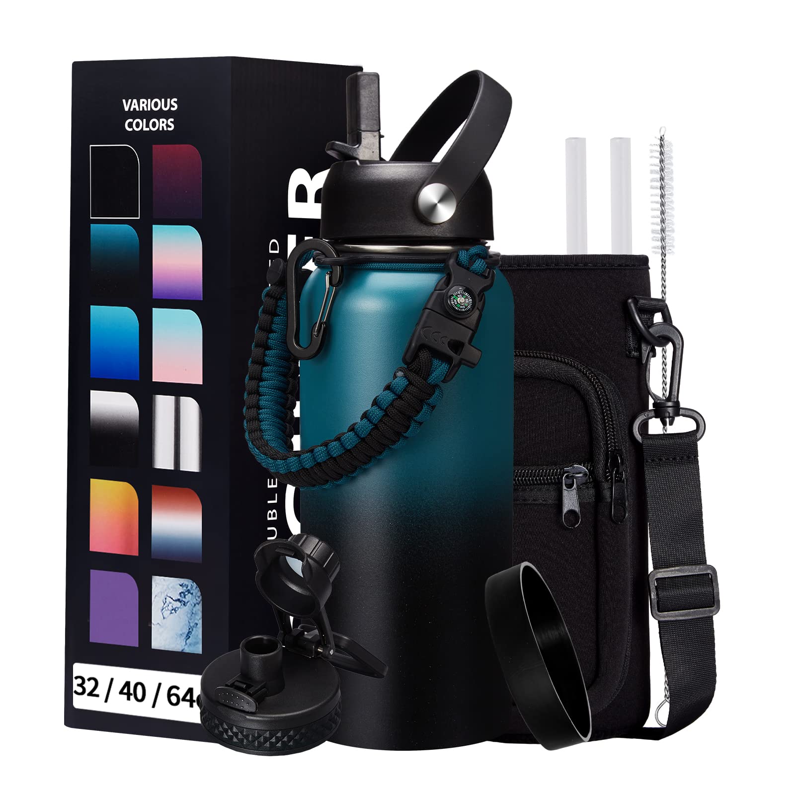 Vacuum Insulated Water Bottle 32Oz - With Straw & Spout Lids, Paracord Handle, Shoulder Carrier Bag, Large Sport Stainless Steel
