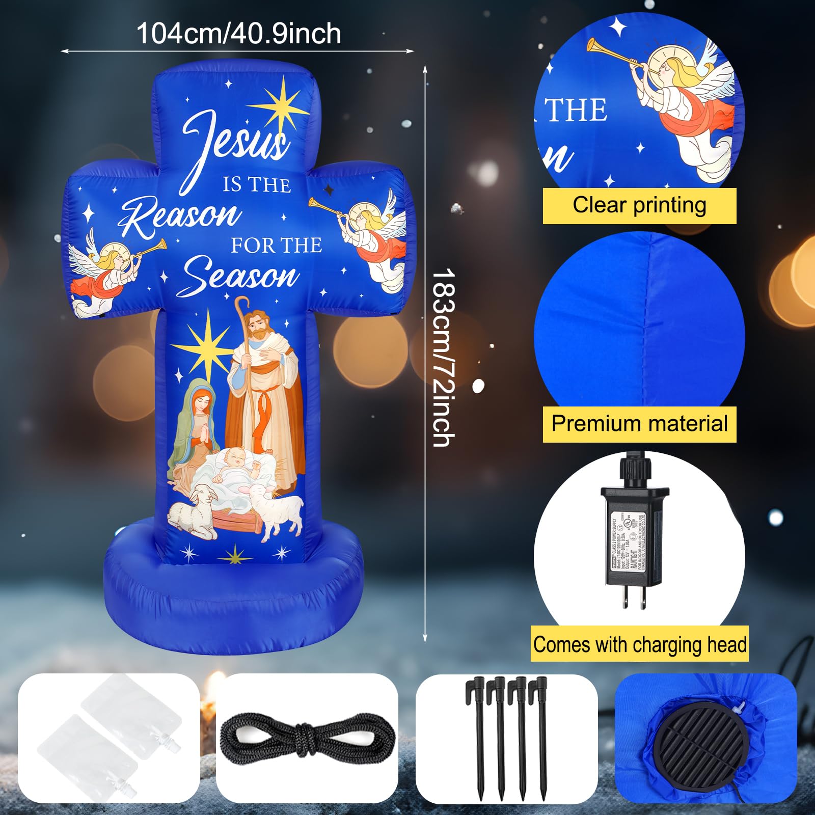 Civaner 6FT Christmas Inflatable Nativity Scene Decoration with Built in LED Lights, Jesus is The Reason for The Season Christma