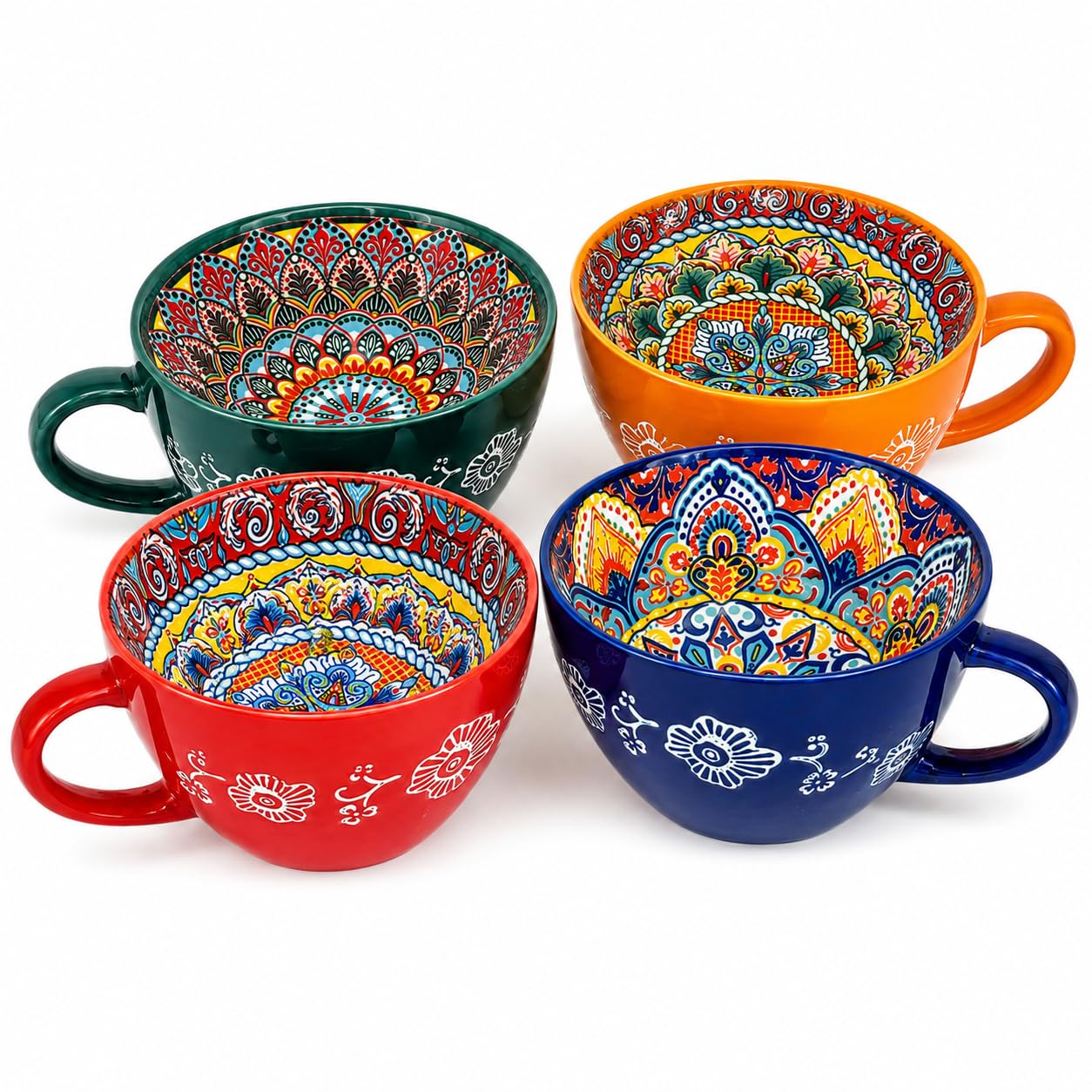 Mirenel ChaoArt Boho Coffee Mugs Set of 4, 15 oz WideMouth Ceramic Cups