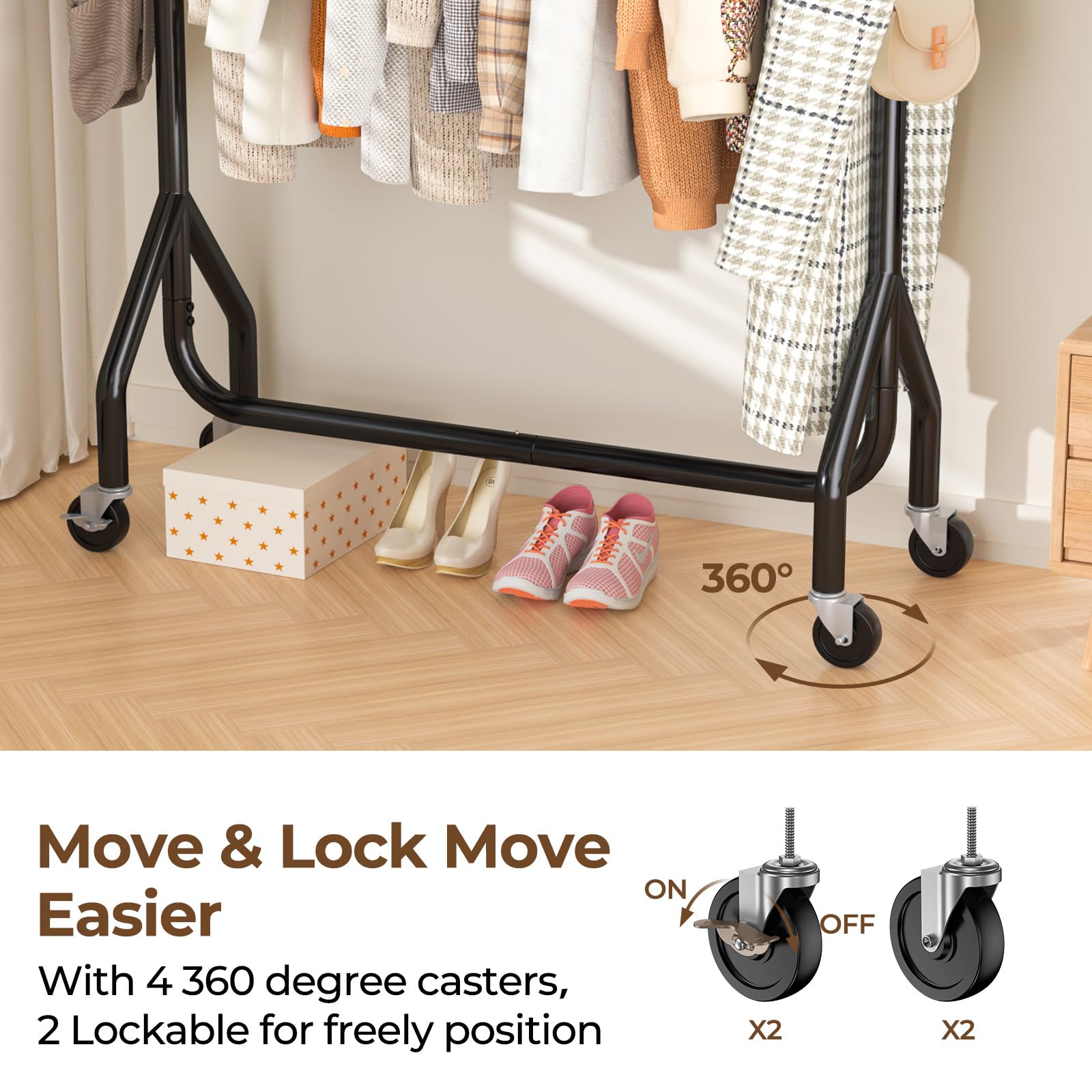 Hyseyy Clothes Clothing Rack, Rolling Heavy Duty Clothes Rack Load 420 Lbs With Wheels, Metal Clothes Rack For Hanging Clothes,