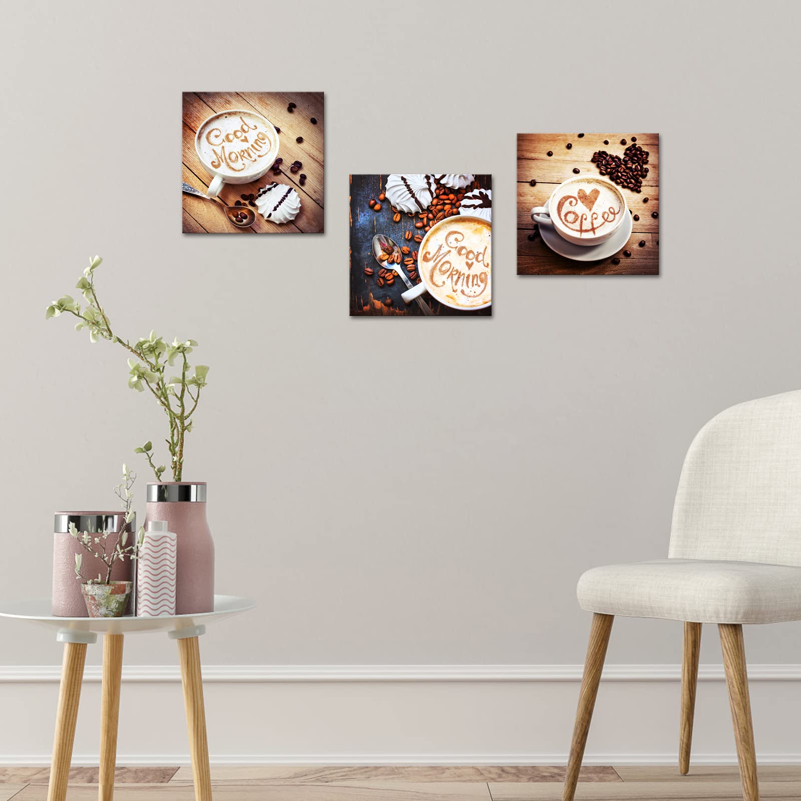 Ilooklike 3 Panels Kitchen Canvas Wall Art Coffee Beans Picture Prints Coffee Cup On Vintage Wooden Table Painting Cappuccino Po