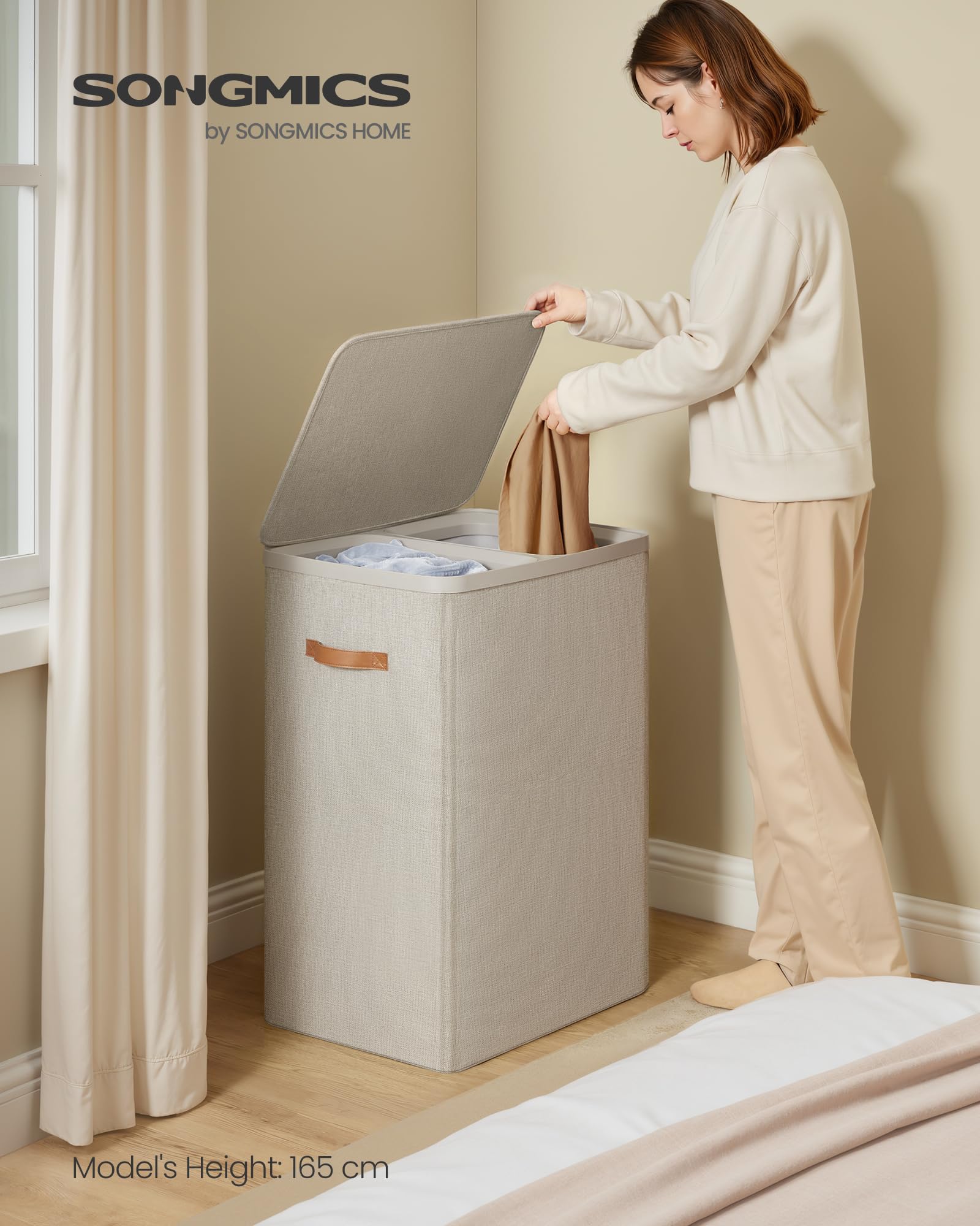 Songmics Laundry Basket, 44.9 Gal. Laundry Hamper, 2 Compartments, Easy Assembly, With Lid And Handles, Removable Liners, 22 X 1