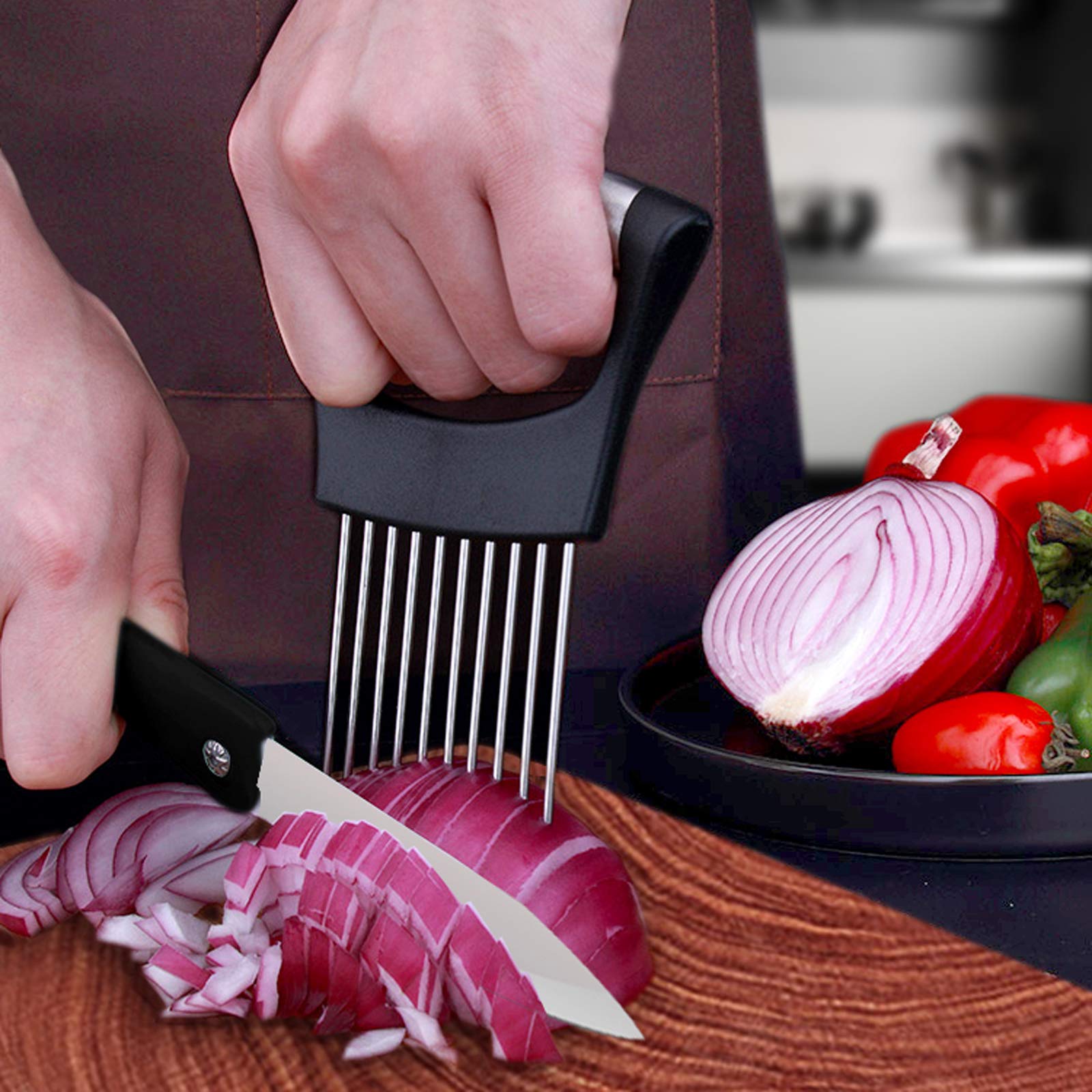 1Pcs Onion Holder Slicer, 2Pcs Finger Guard, Holder Slicer Vegetable For Onion, Tomato, Lemon, Meat, Onion Cutting Tool Stainles