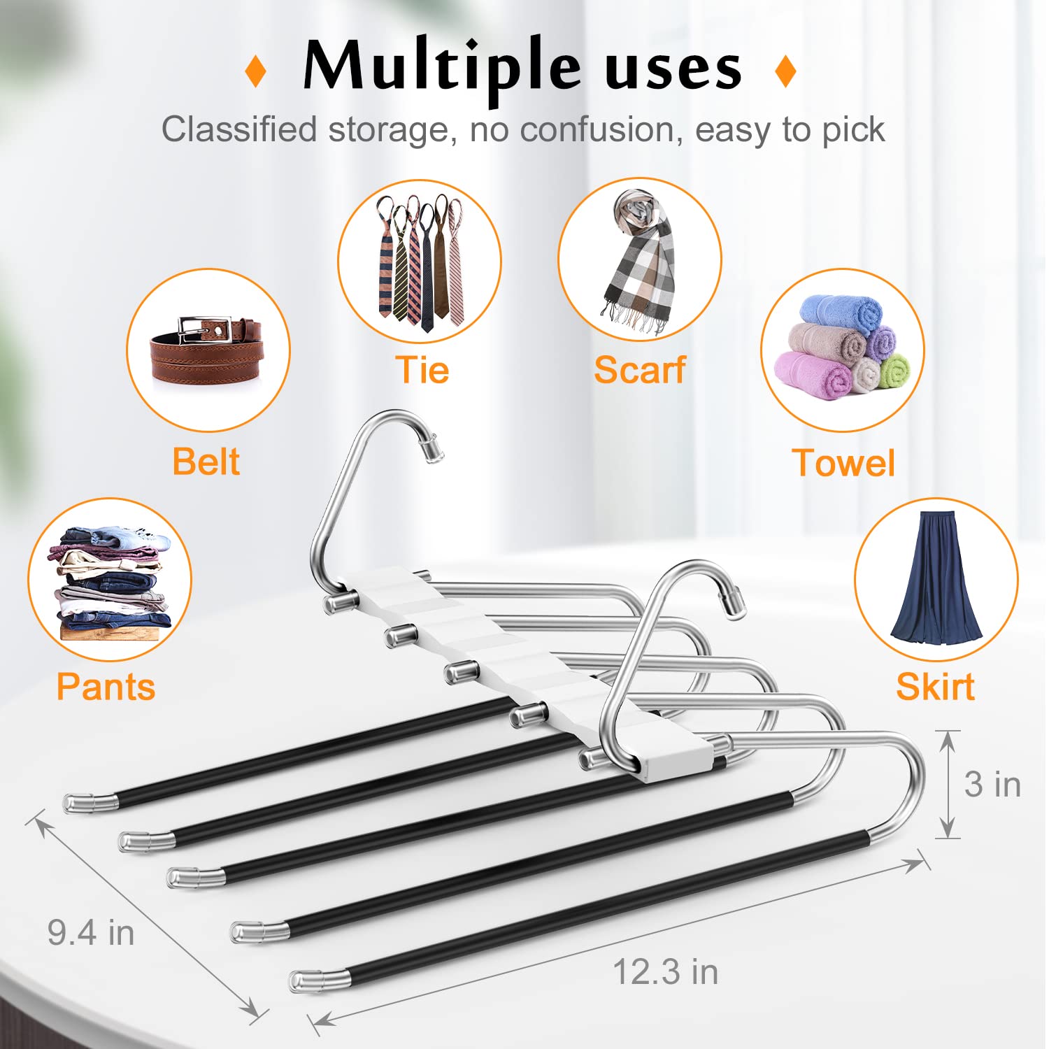 Loretoy 2 Pack Pants Hangers Space Saving, Anti-Slip Multi-Functional Pants Rack, Thickened Stainless Steel Tube With 10 Metal C