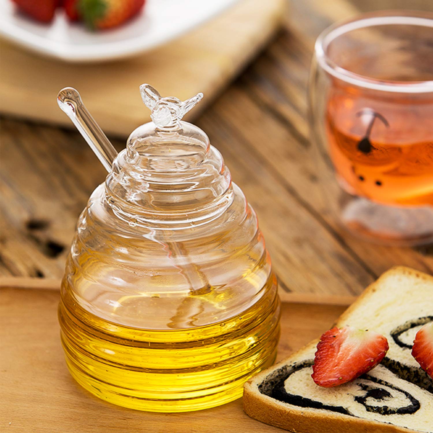 Hedume Honey Jar With Dipper And Lid, Honey Bee Pot, 17Oz Glass Beehive Honey Pot For Home Kitchen