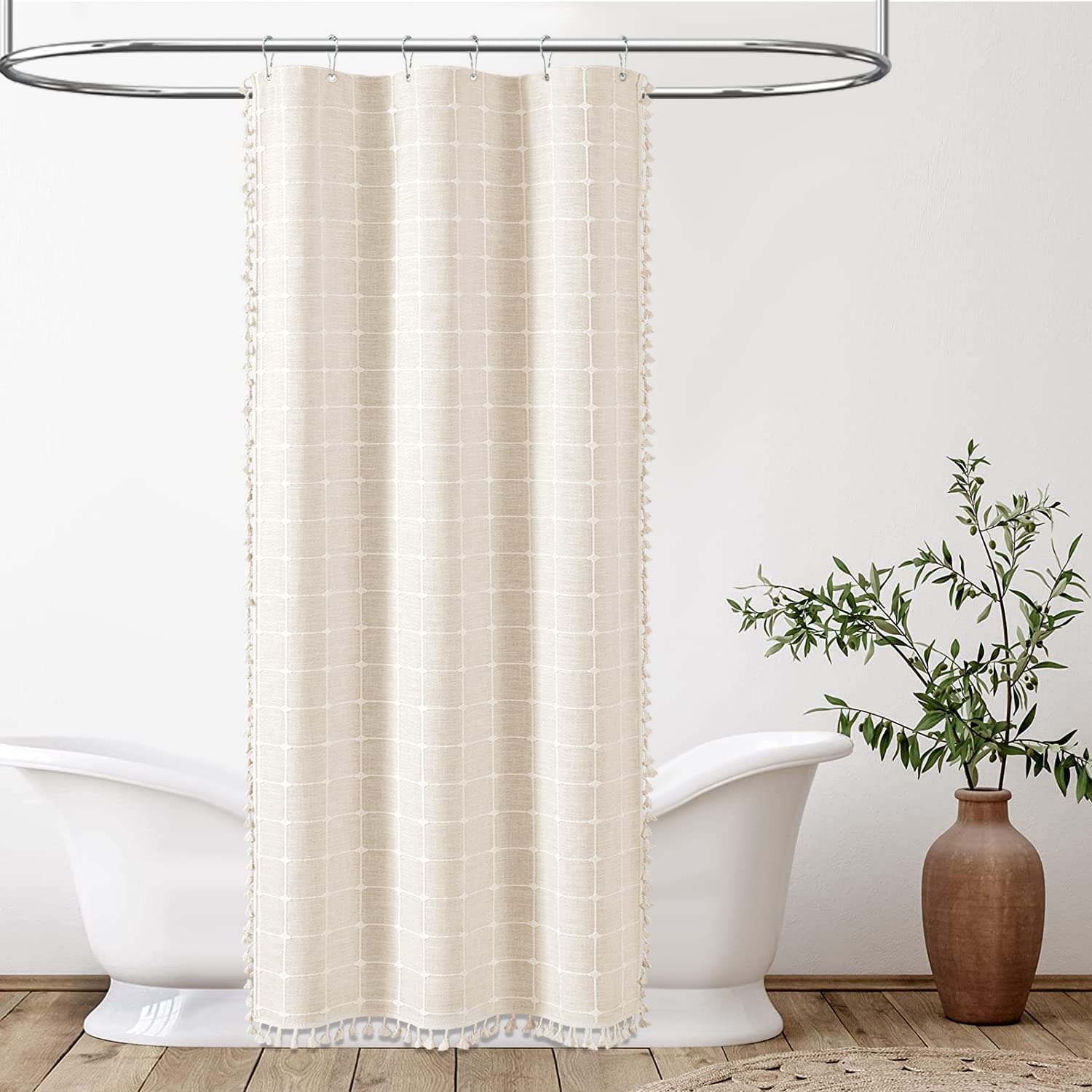 Bttn Extra Wide Shower Curtain - 108X72 Inch Boho Farmhouse Fabric Heavy Duty Shower Curtain Set With 18 Hooks, Large Linen Neut
