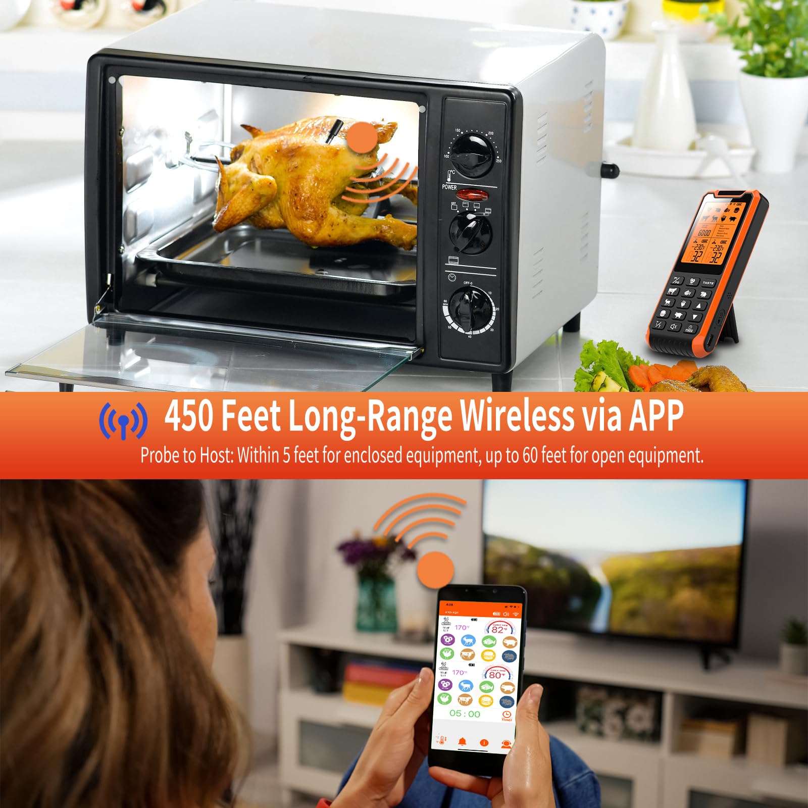 Vacuum Sealers Unlimited Smart Bluetooth Meat Thermometer - Long Range Wireless Food Thermometer, Temp Monitor With Dual Probes