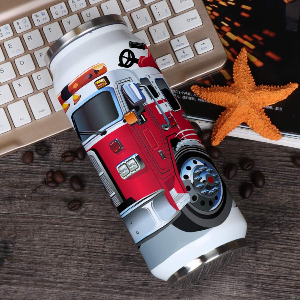 10Oz Stainless Steel Tumbler With Lid & Straw-Double Wall Vacuum Insulated Travel Mug,Cartoon Red Fire Truck Water Bottle Coffee