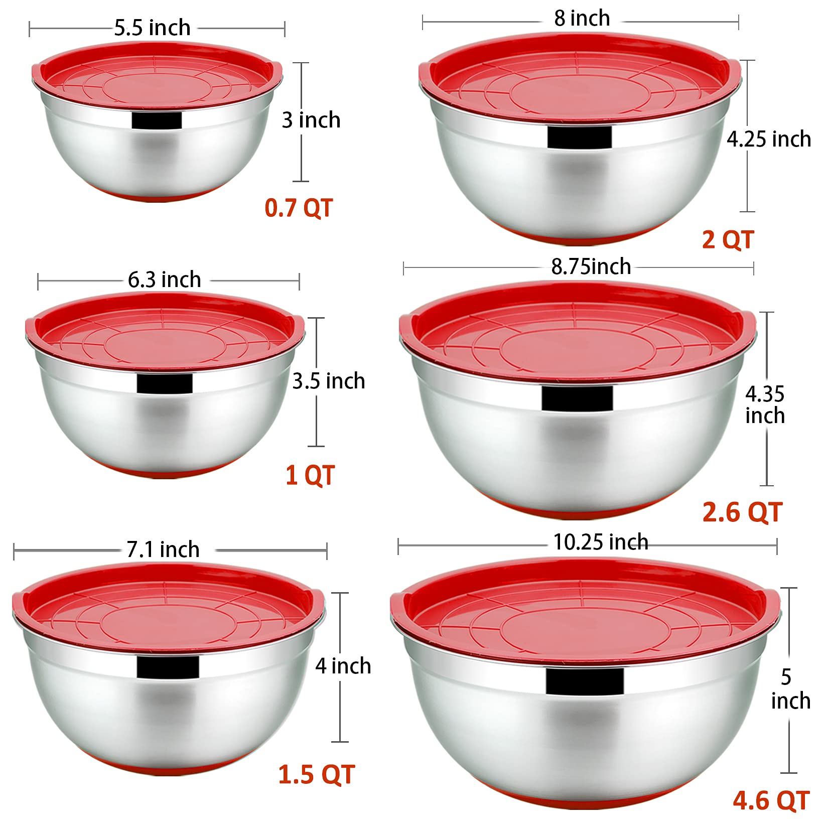 P&P Chef Red Mixing Bowls With Lid Set, Stainless Steel Nesting Salad Bowl And Tight Lid For Mixing & Serving & Perpping, Non-Sl