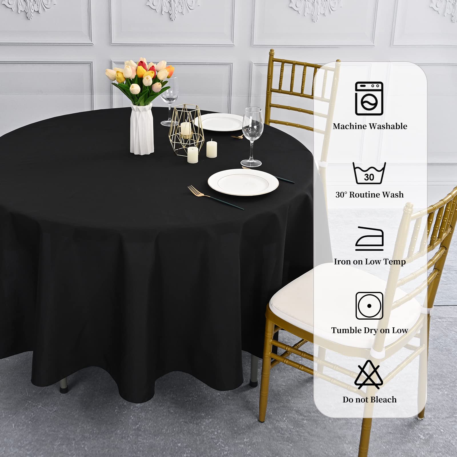 Rewomc 6 Pack Round Tablecloths - 90 Inch, Black Polyester Table Cover For Round Table, Stain And Wrinkle Resistant Washable Fab