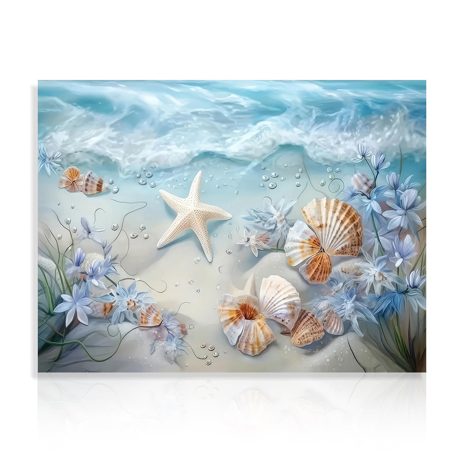 Ocean Waves Canvas Wall Art Sea Shells And Starfish Picture Coastal Beach Print Poster For Bathroom Bedroom Living Room 12X16 In