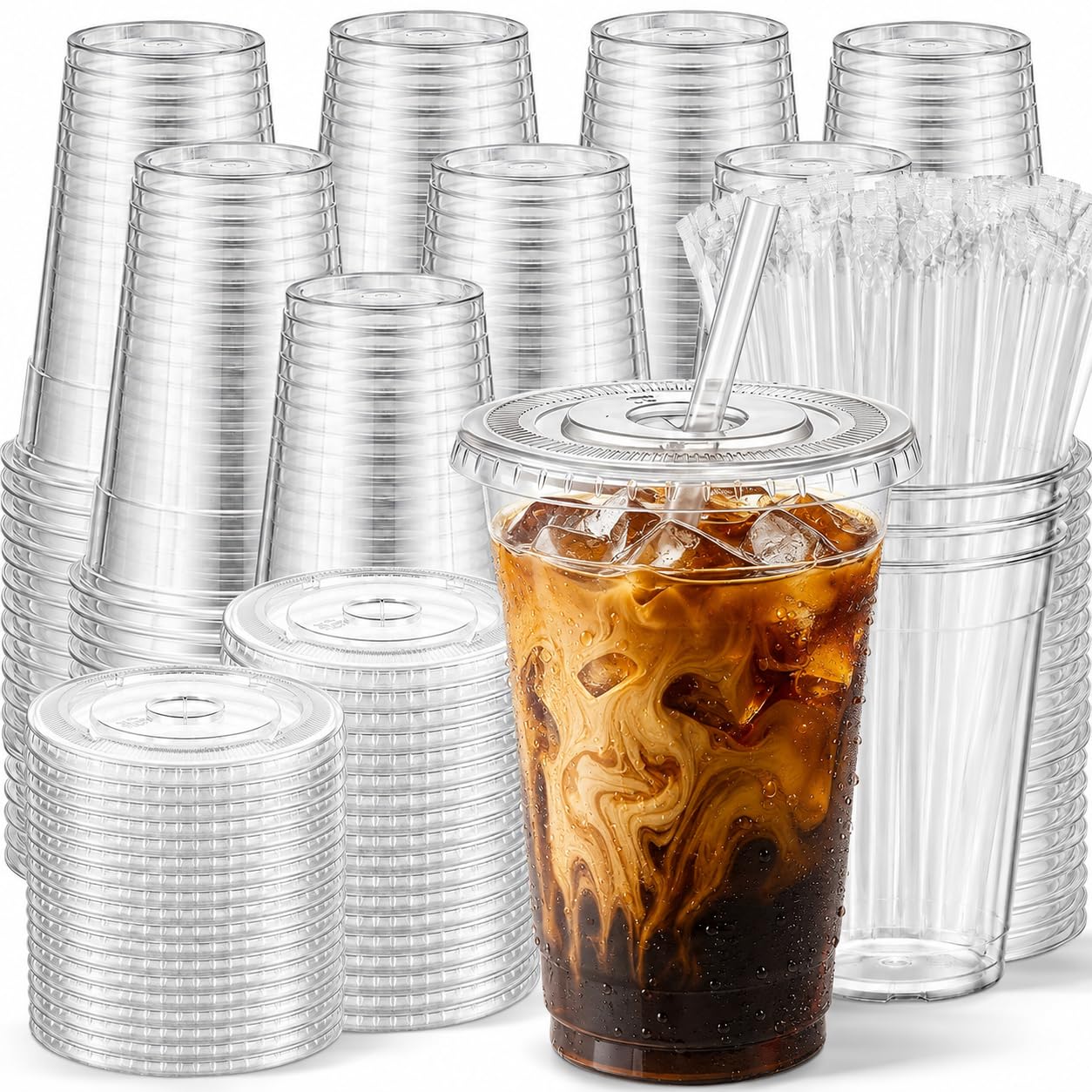 95 Pack 16 oz Plastic Cups with Lids and Straws, Clear Plastic Coffee Cups