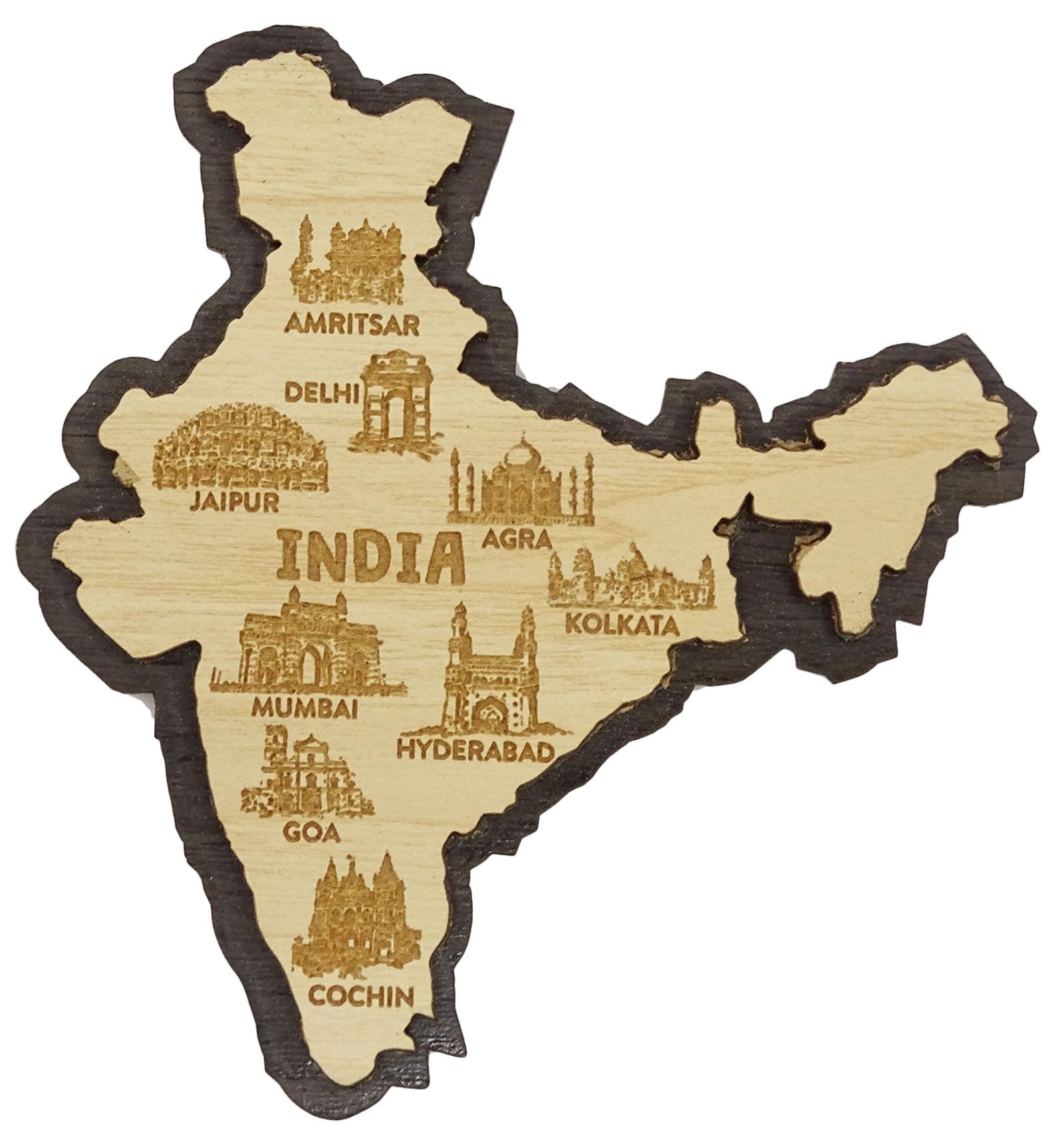 Printtoo India Map Fridge Magnet Engraved Wooden Souvenir Gift Collectibles