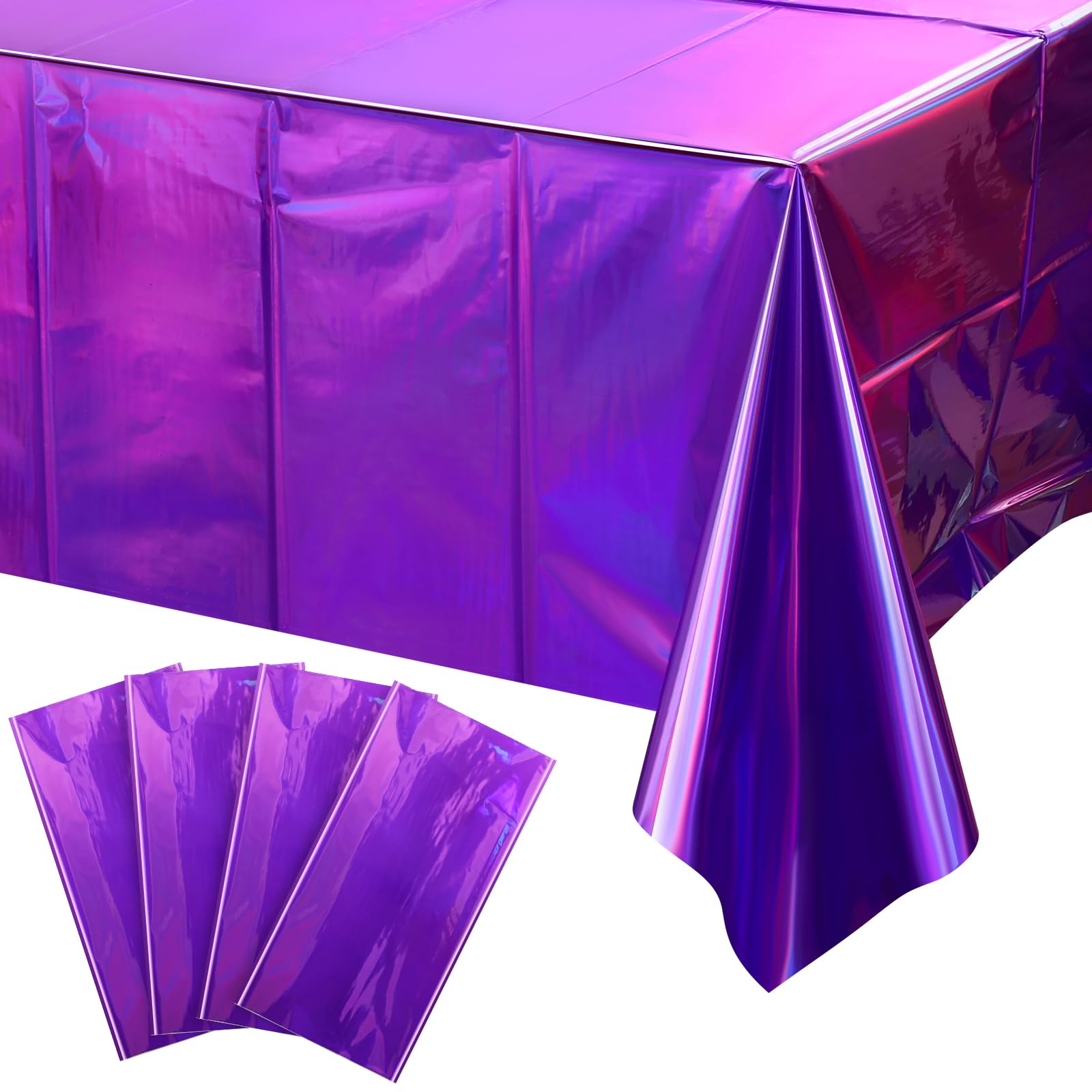 FunnyPars 4 Pack Iridescent Purple Plastic Tablecloths, Shiny Disposable Laser Rectangle Table Covers, Foil Tablecloth Iridescen