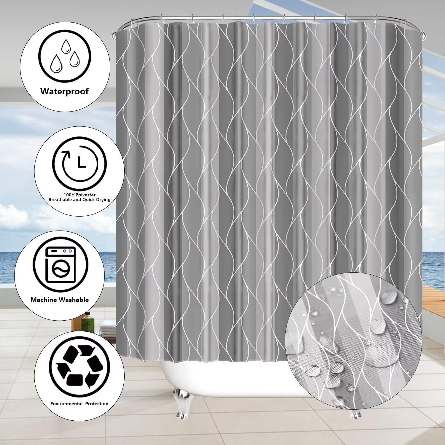 Ddqq 4Pcs Grey Shower Curtain Set With Rugs Stripe Bathroom Sets Geometric Wave Lines Shower Curtain With 12 Hooks Bathroom Deco