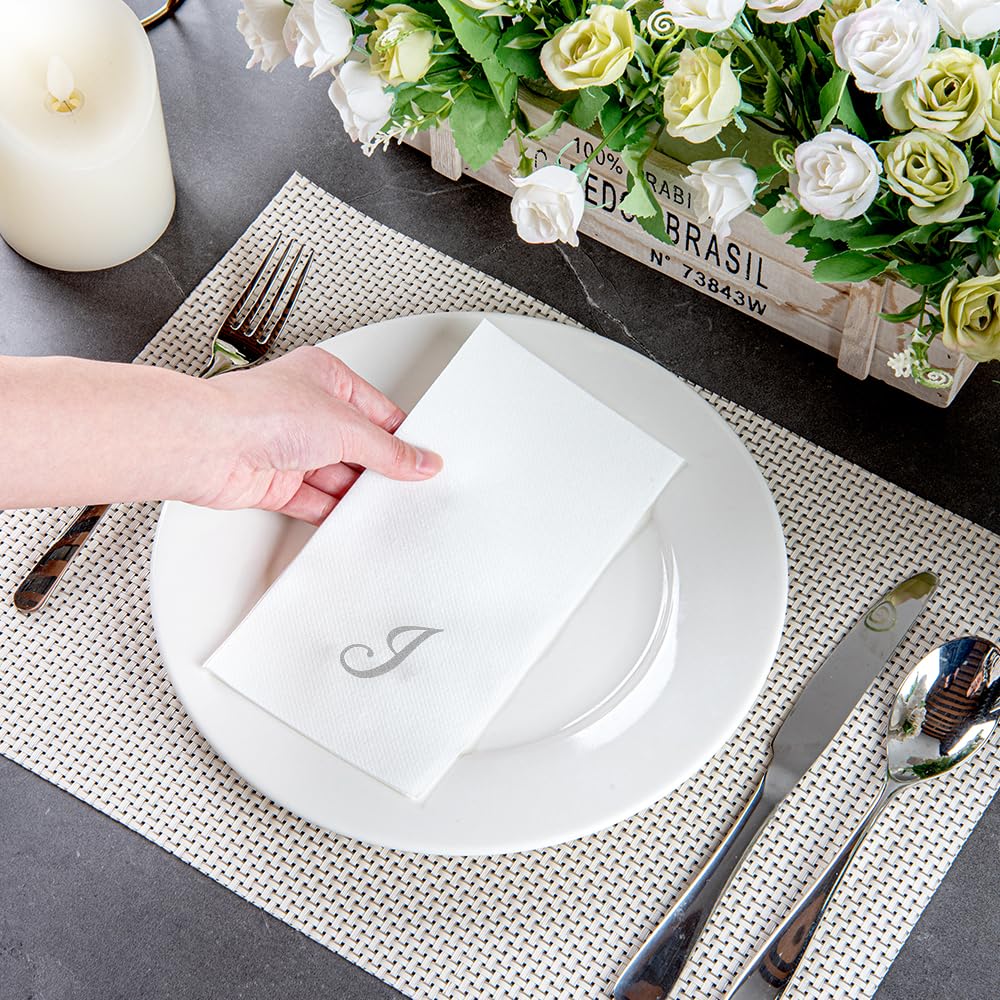Luxenap 15.8 X 7.9 Inch Linen-Feel Guest Towels, 2000 Lettered Hand Towels - Silver Letter 'J', Cursive Font, White Paper Dinner