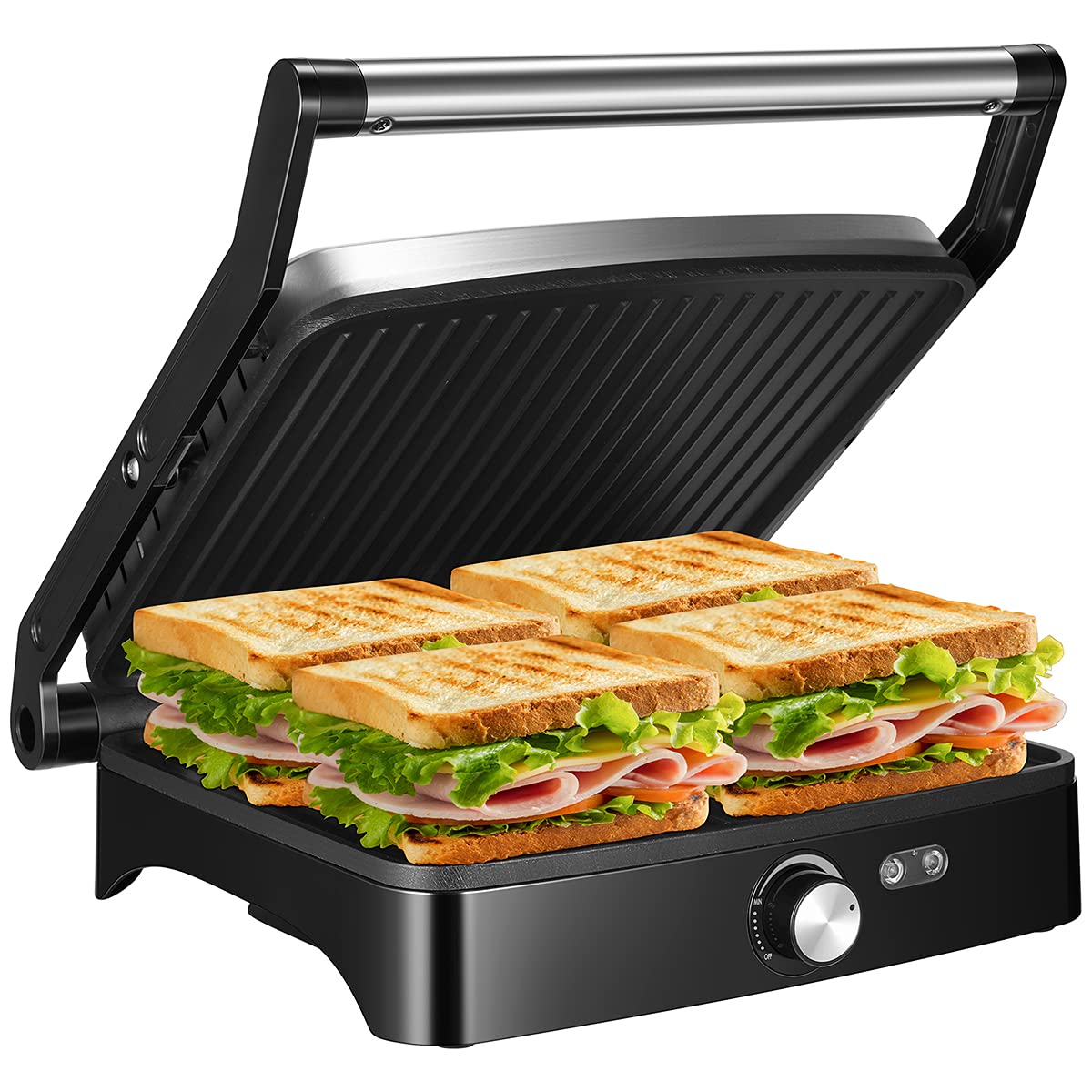 Ostba Panini Press Grill Indoor Sandwich Maker With Temperature Setting, 4 Slice Large Non-Stick Versatile Grill, Opens 180 Degr