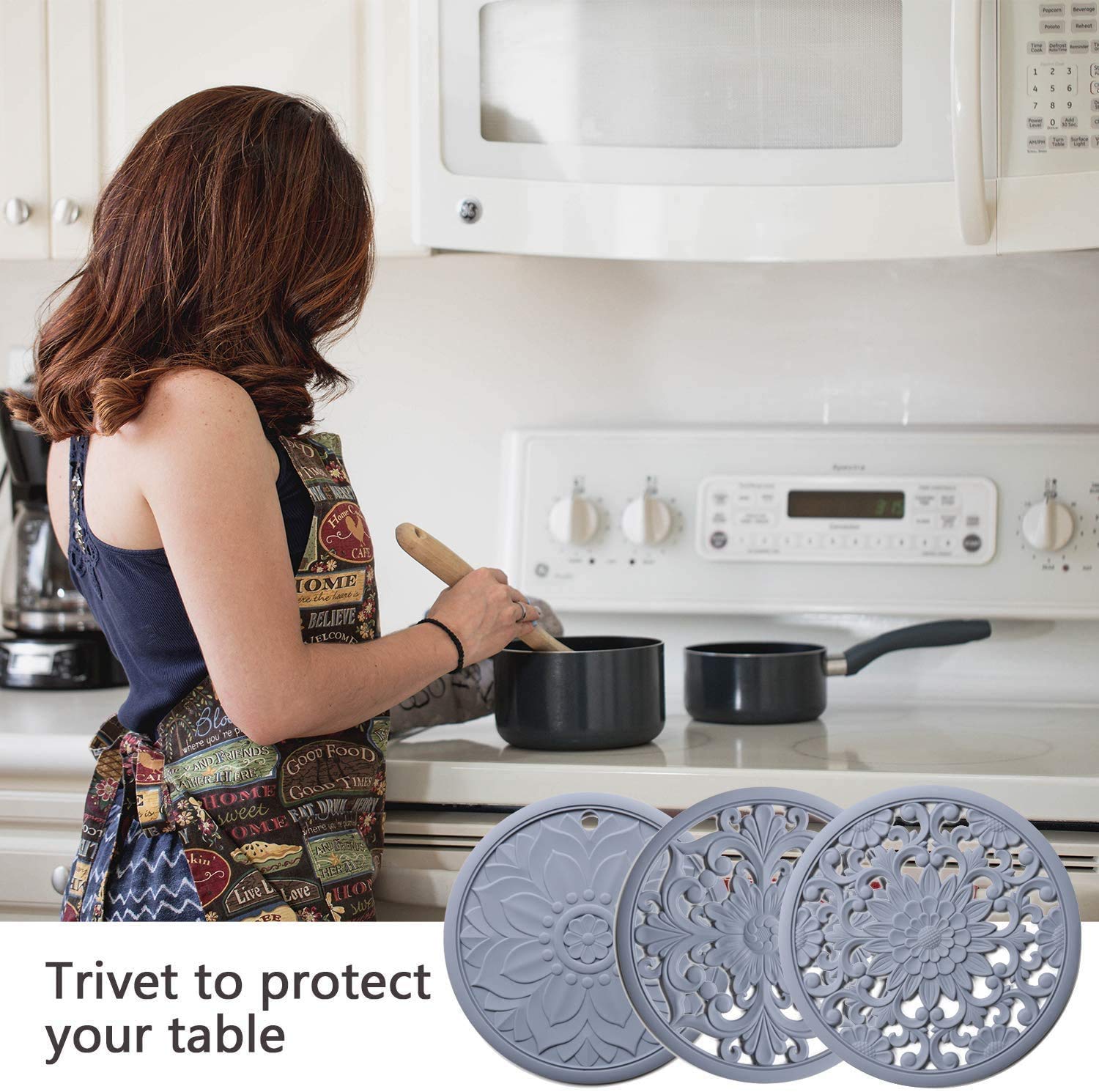 Set Of 3 Silicone Trivet Mats, Multi-Use Intricately Carved Hot Pot Trivets For Hot Dishes, Kitchen Mats, Table Mats, Flexible D