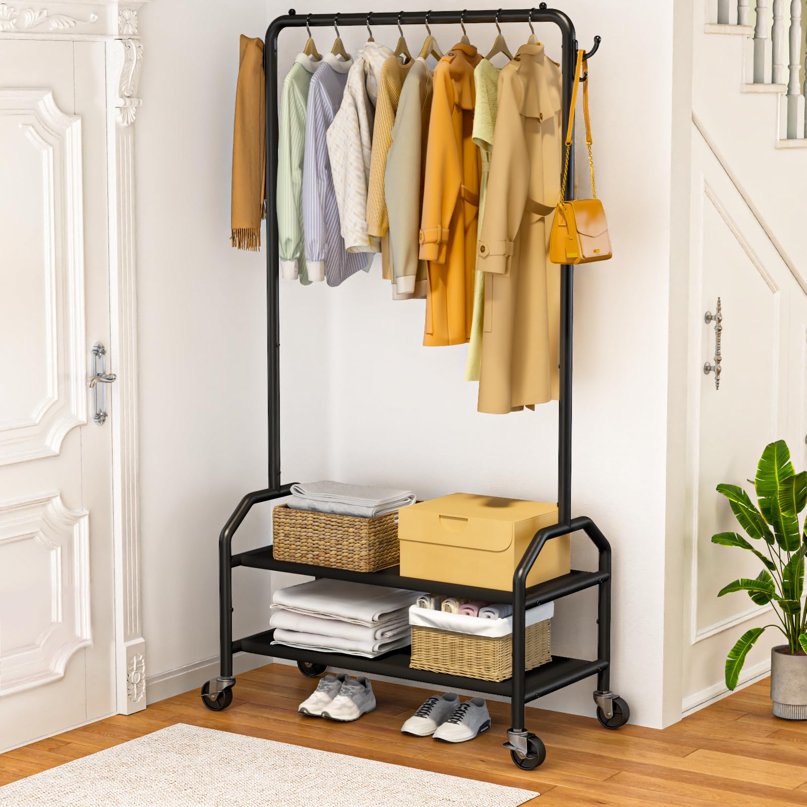 Wiracks Clothes Rack For Hanging Clothes With Bottom Shelves Rolling Clothing Racks 2'' Industrial Wheels 35''W X 16''D X 75''H
