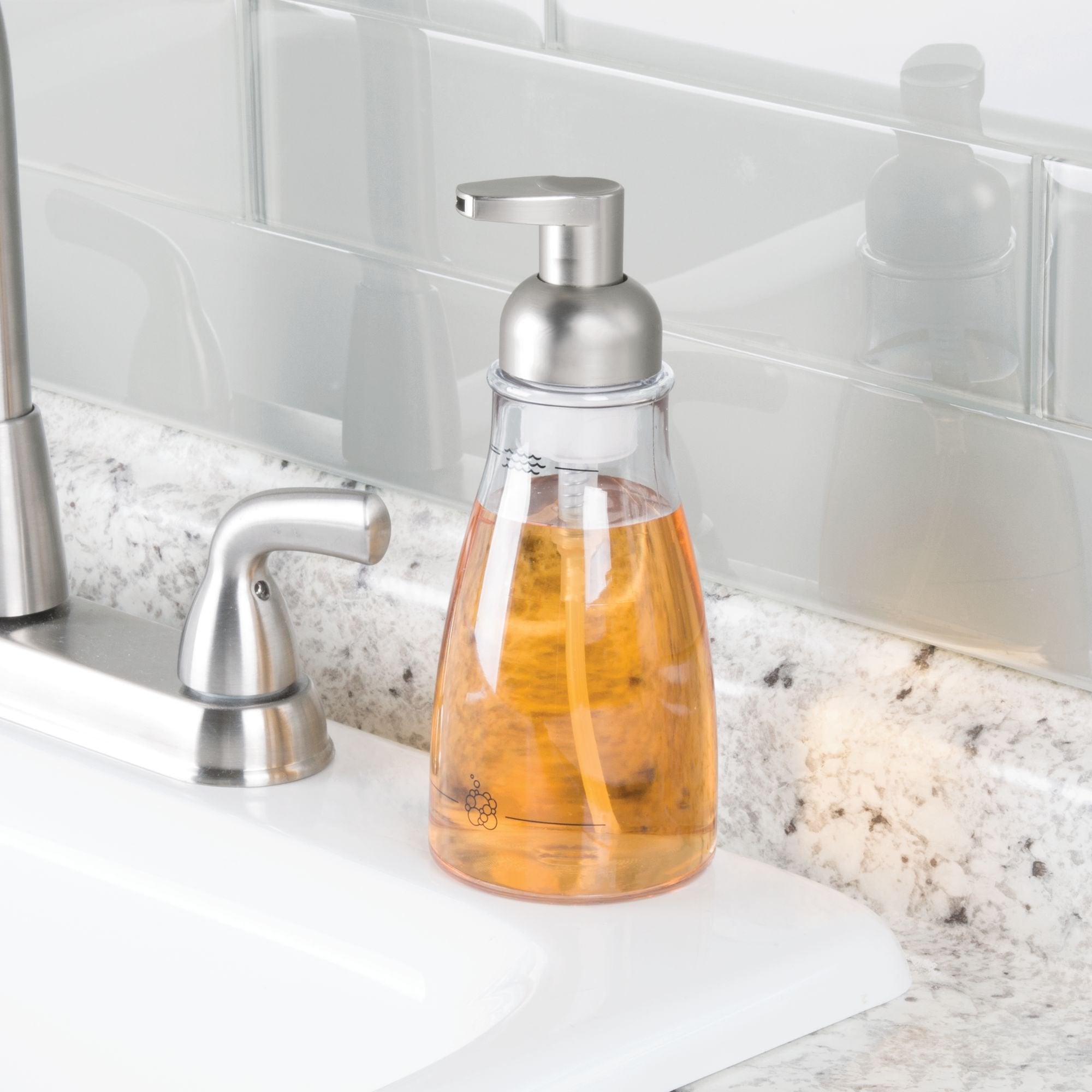Idesign Foaming Soap Dispenser For Kitchen, Bathroom, Sink, Vanity, 3'' X 3'' X 7.5'', Clear And Brushed Nickel
