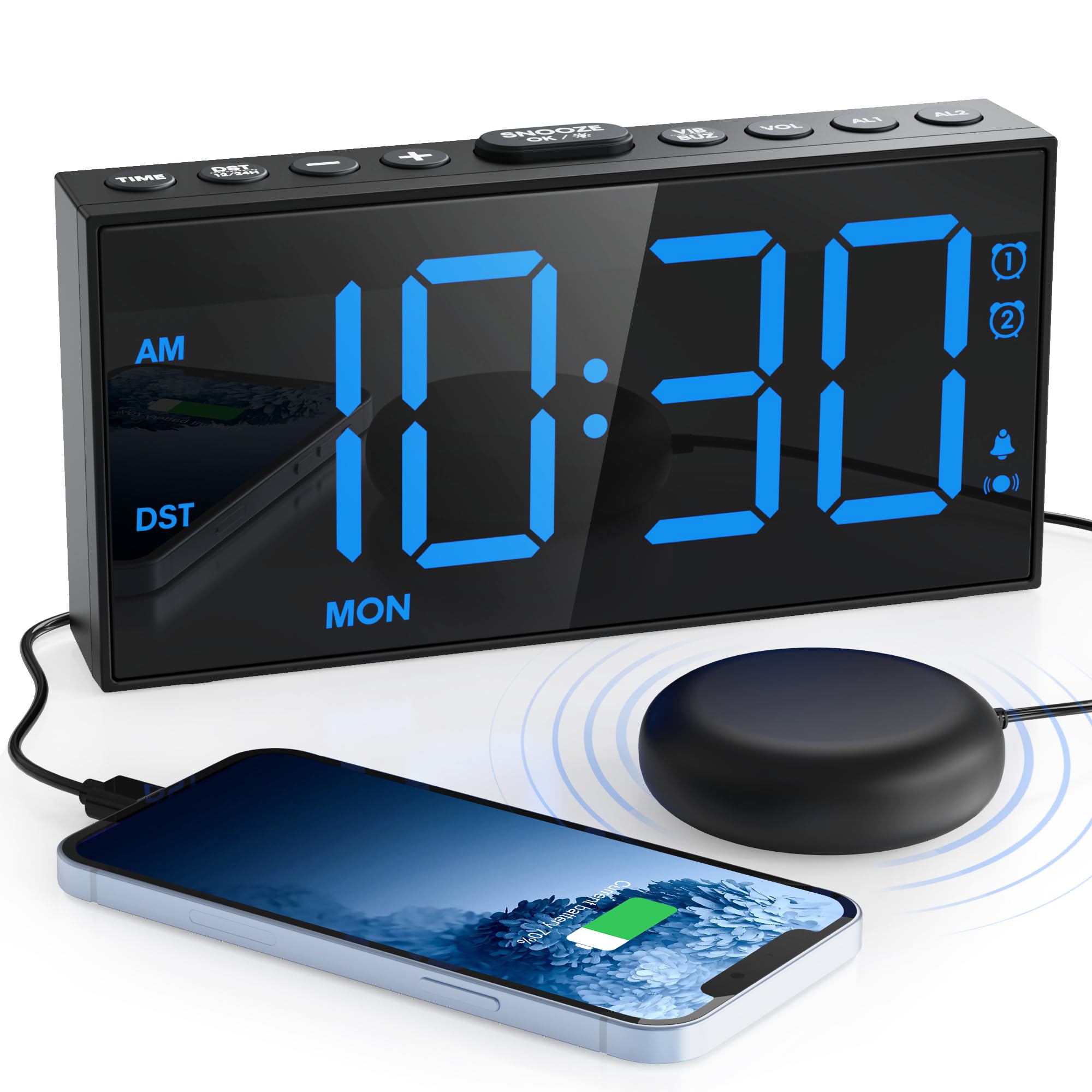 Loud Alarm Clock for Heavy Sleeper,Vibrating Alarm Clock for Hearing Impaired Deaf,Annoying Alarm Clock,USB Port,Dual Alarm with